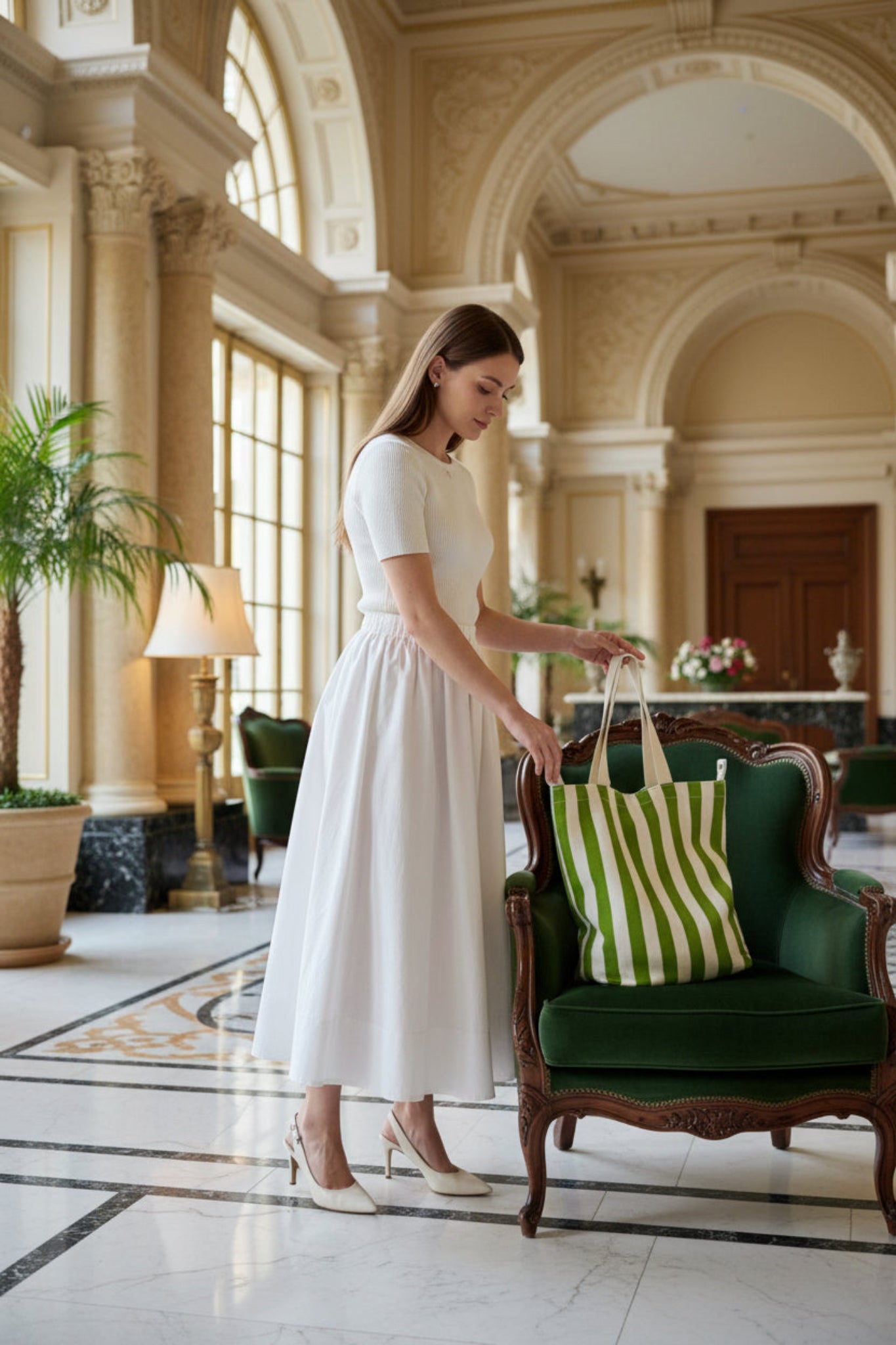 Green and white striped bag on a wooden surface