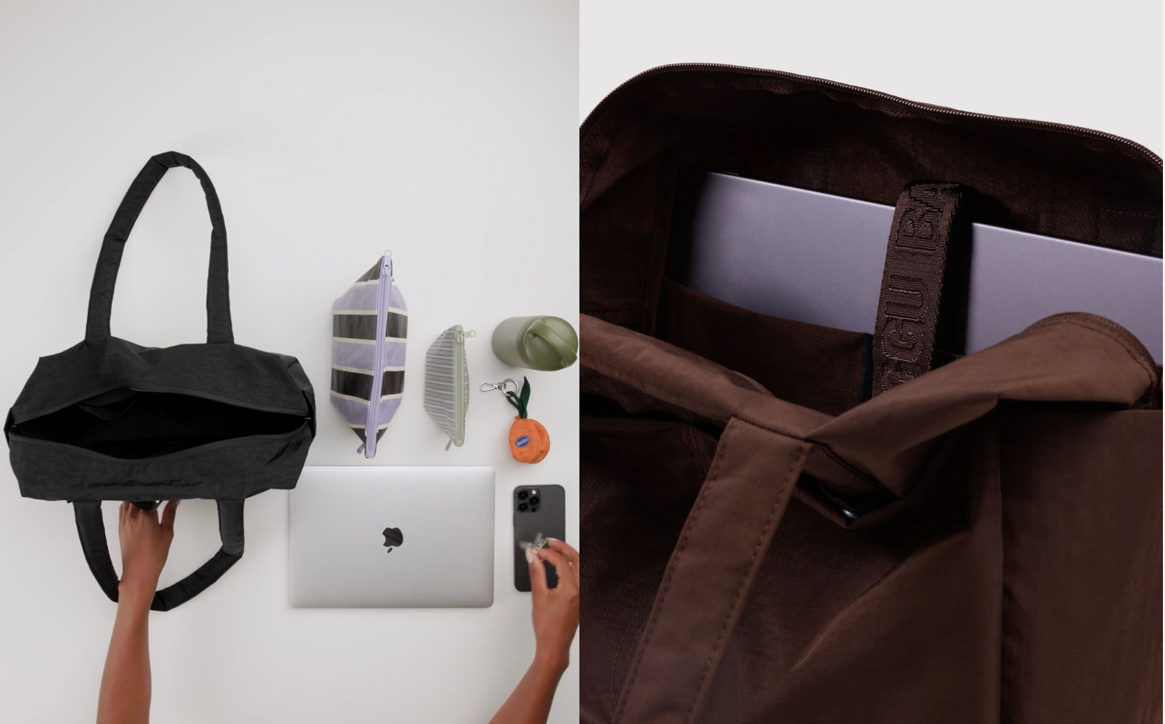 Black tote bag held by a hand with a white background, brown tote bag with a laptop inside on a white background.