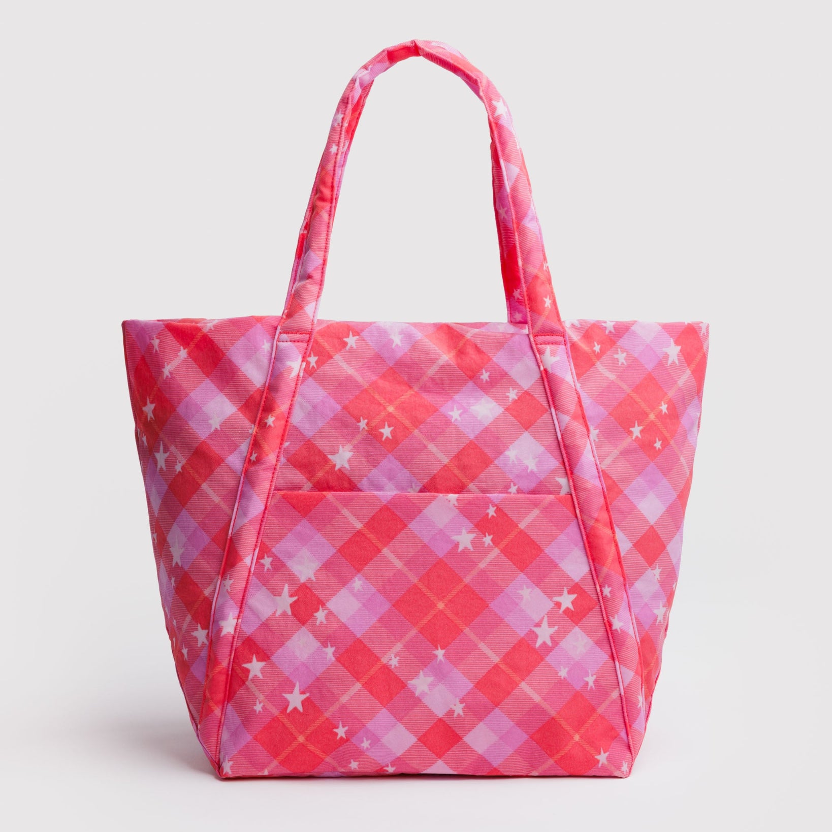Pink and red checkered tote bag with exterior pocket.