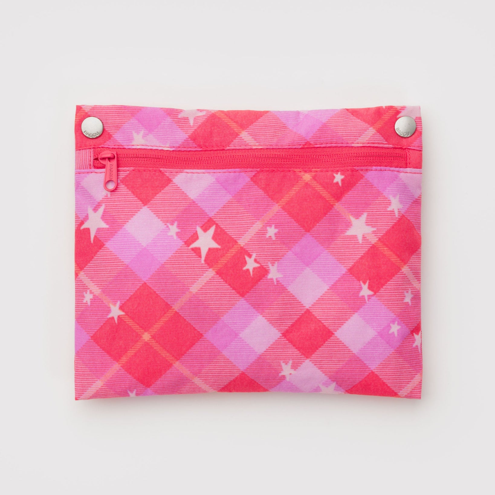 Pink and purple checkered zip pouch with white star pattern.