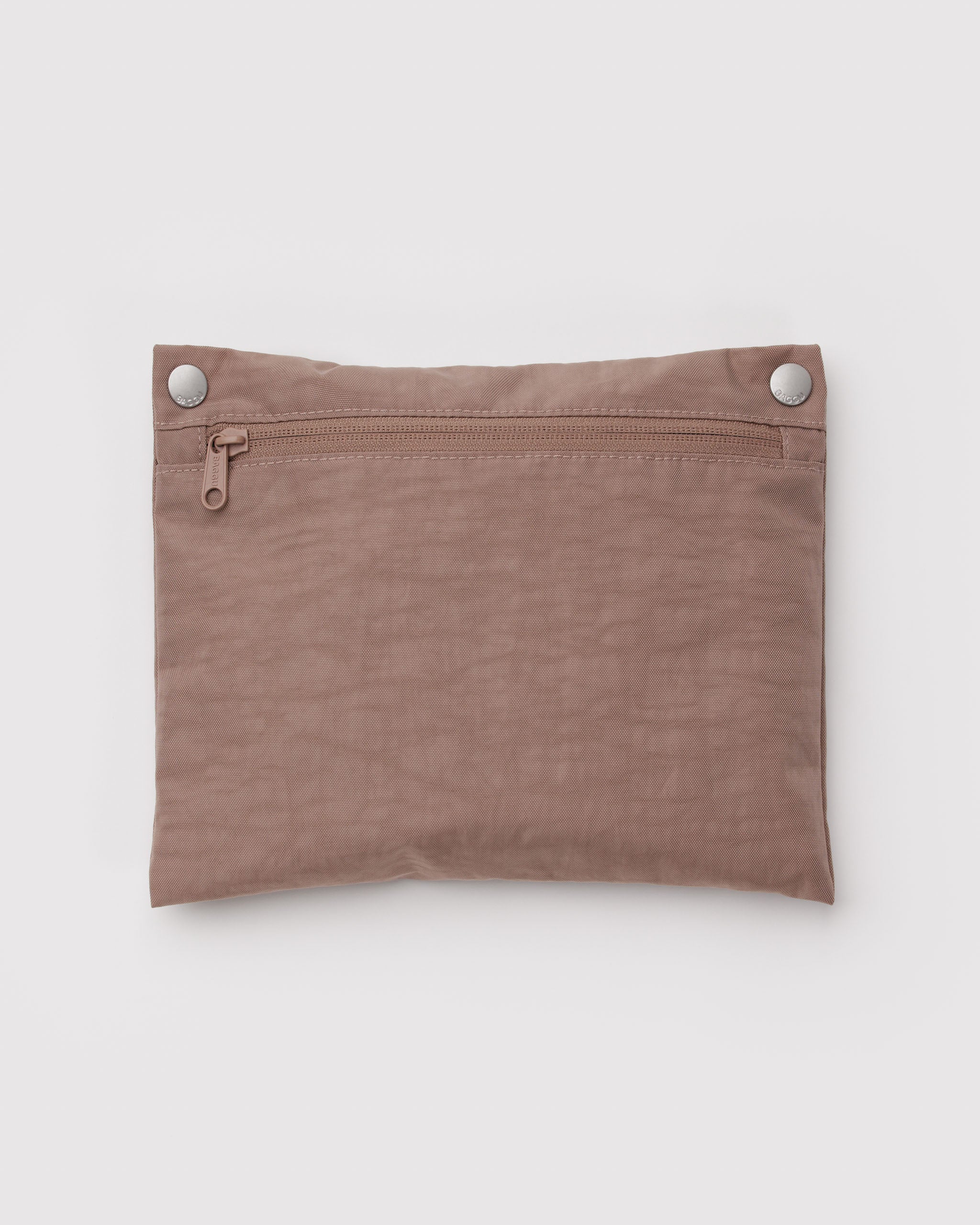 Brown pouch with a zipper and attachment clips.