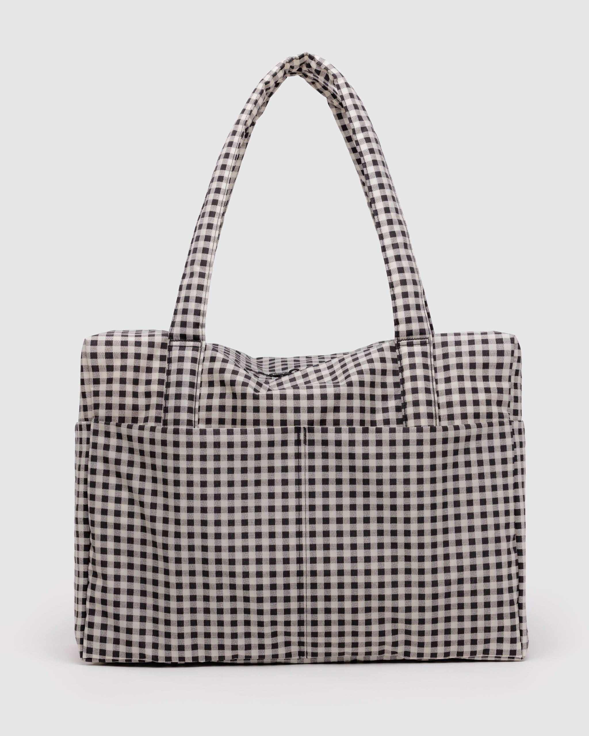 black-and-white-gingham-pattern-duffel-bag-front-pockets-carry-handles