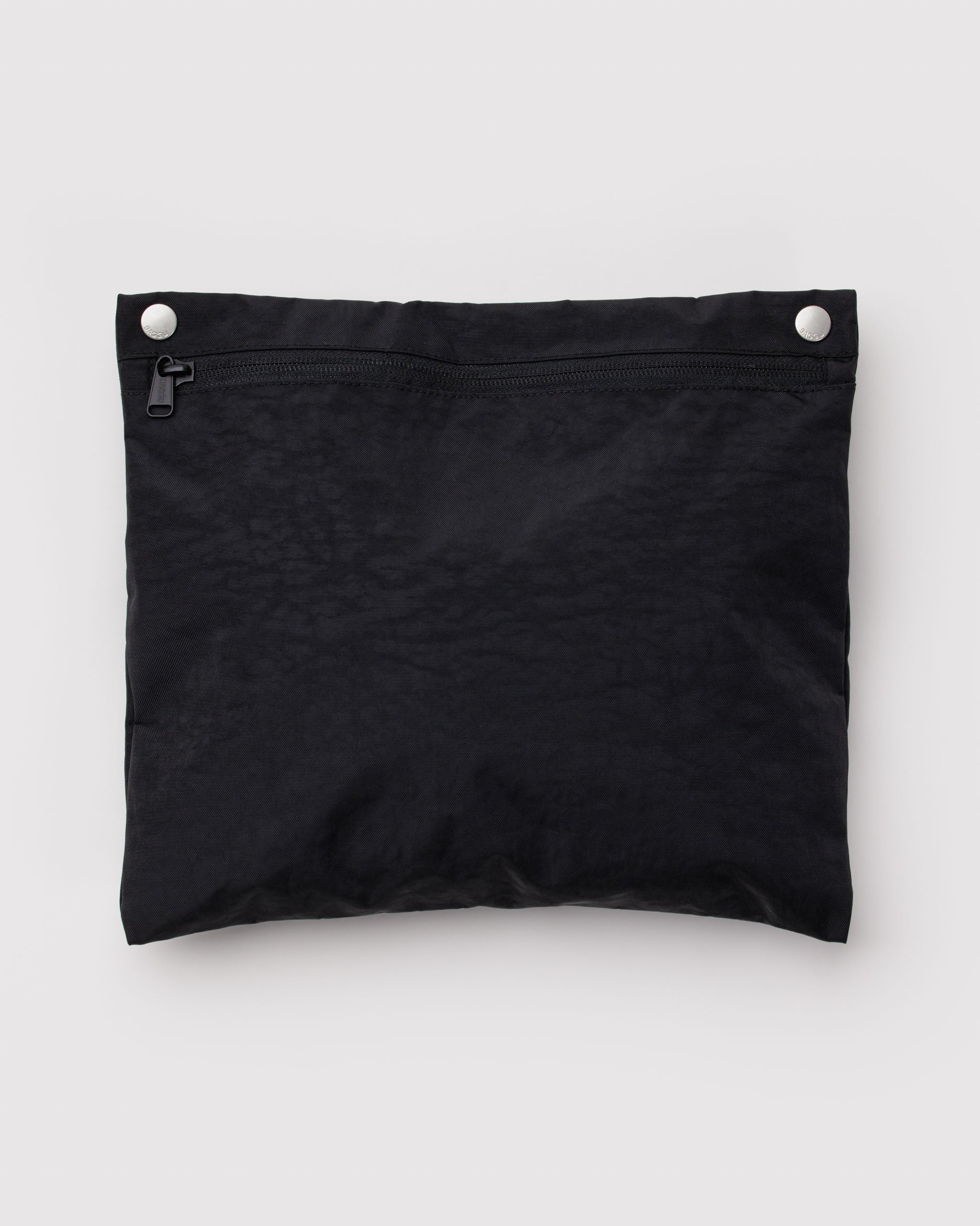 Black pouch with a zipper and silver snap clips.