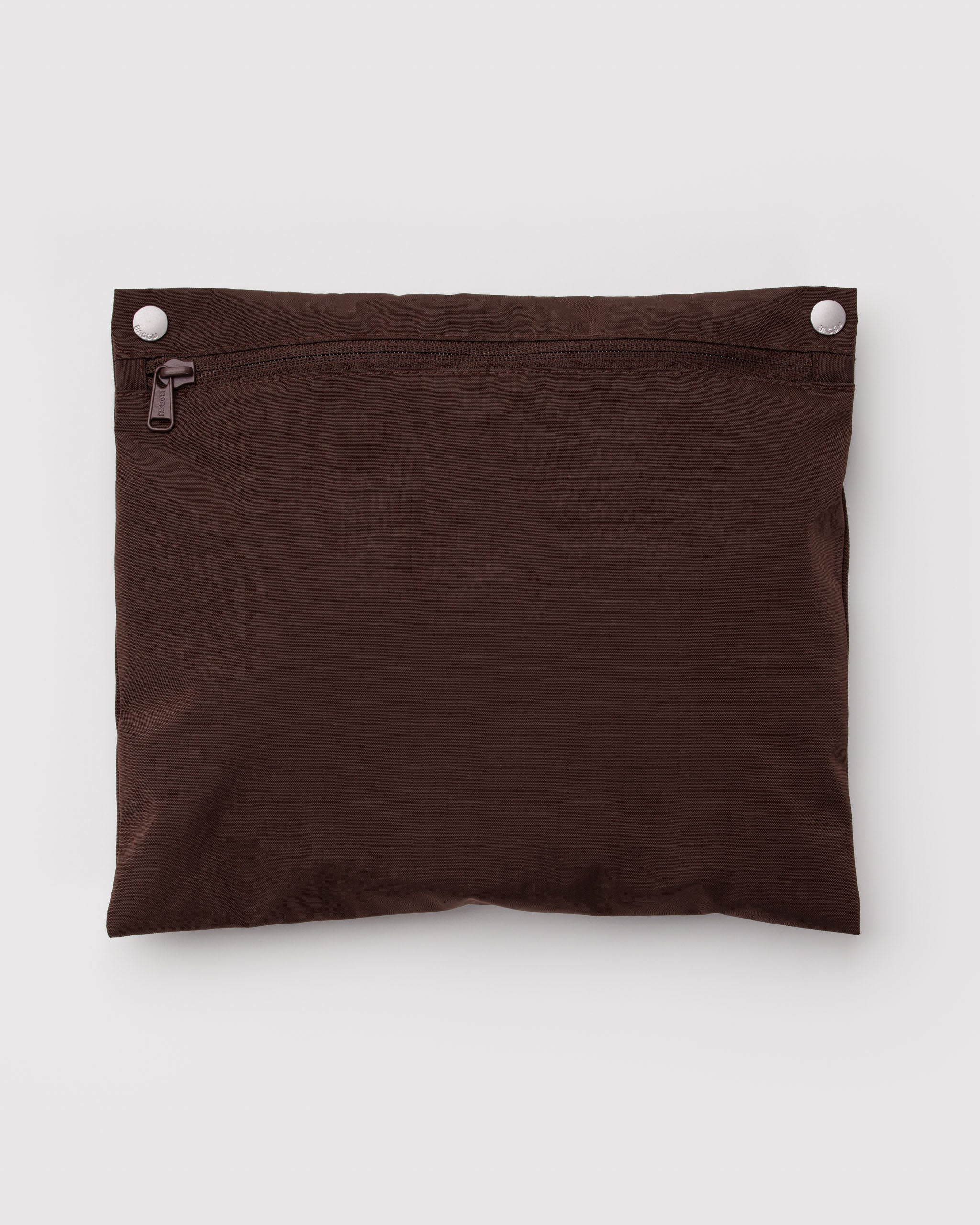 Brown pouch with a zipper and two silver snap clips.