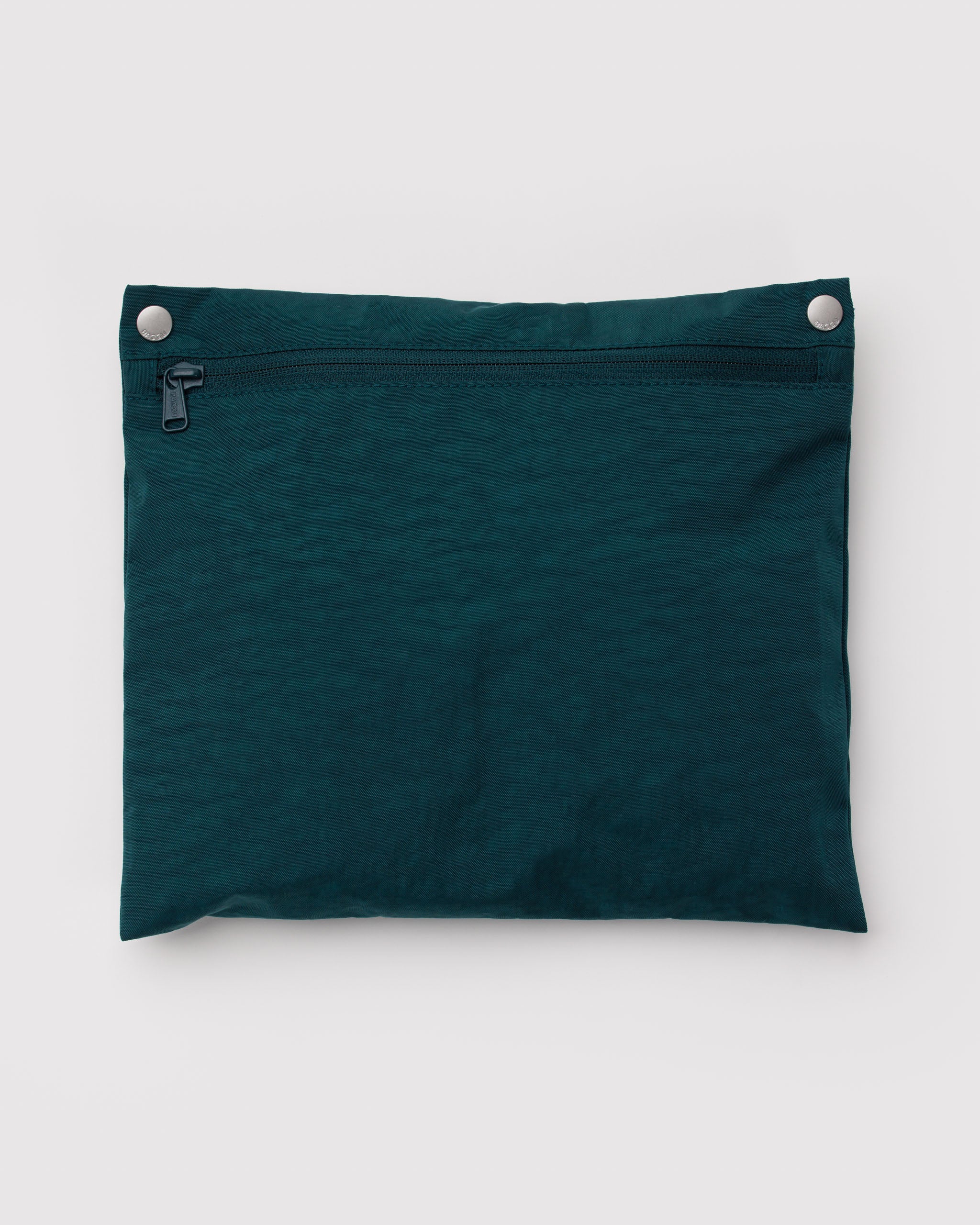 Teal pouch with a zipper and silver snap clips.