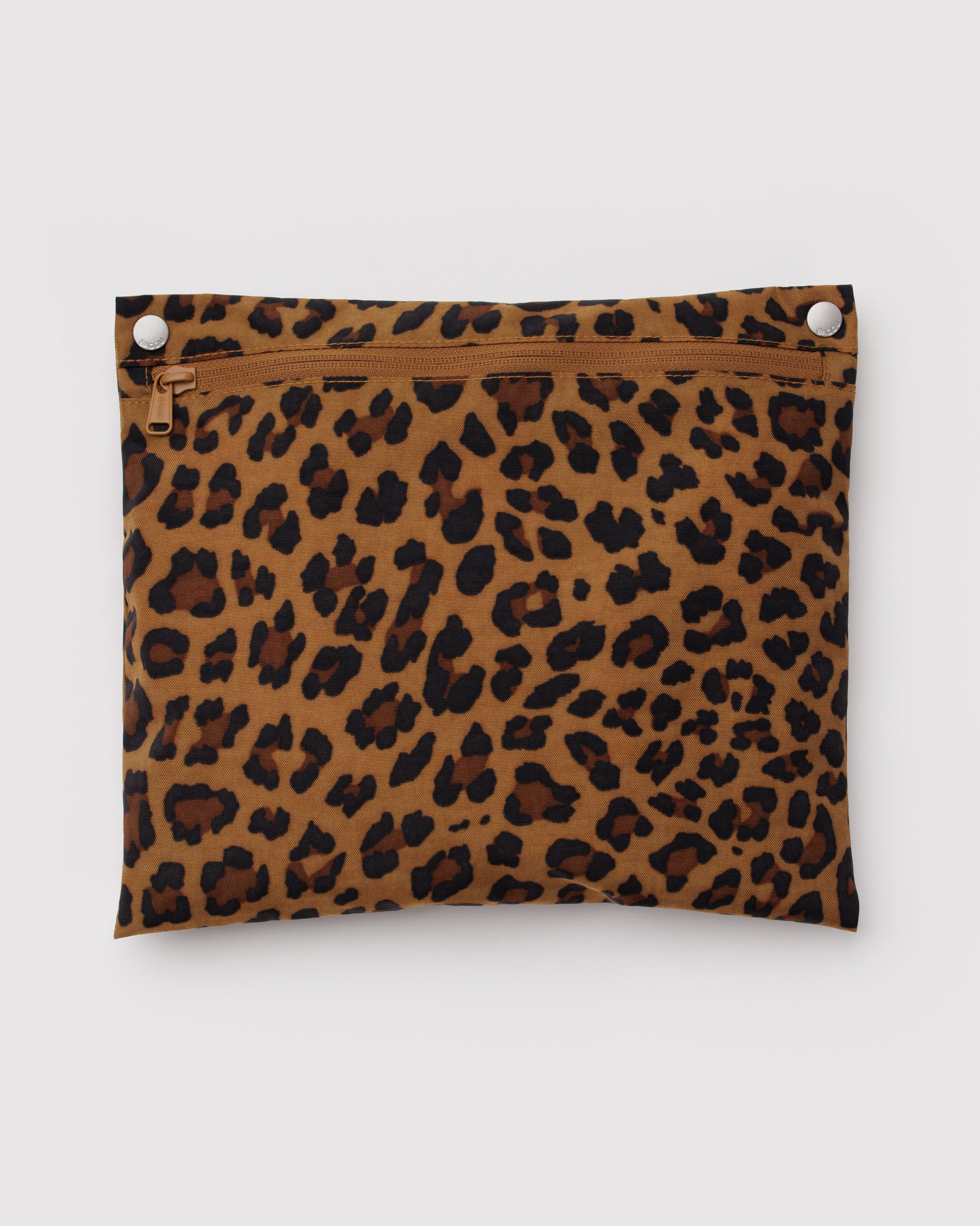 Leopard print pouch with a zipper and two metal clips for attaching inside bag.