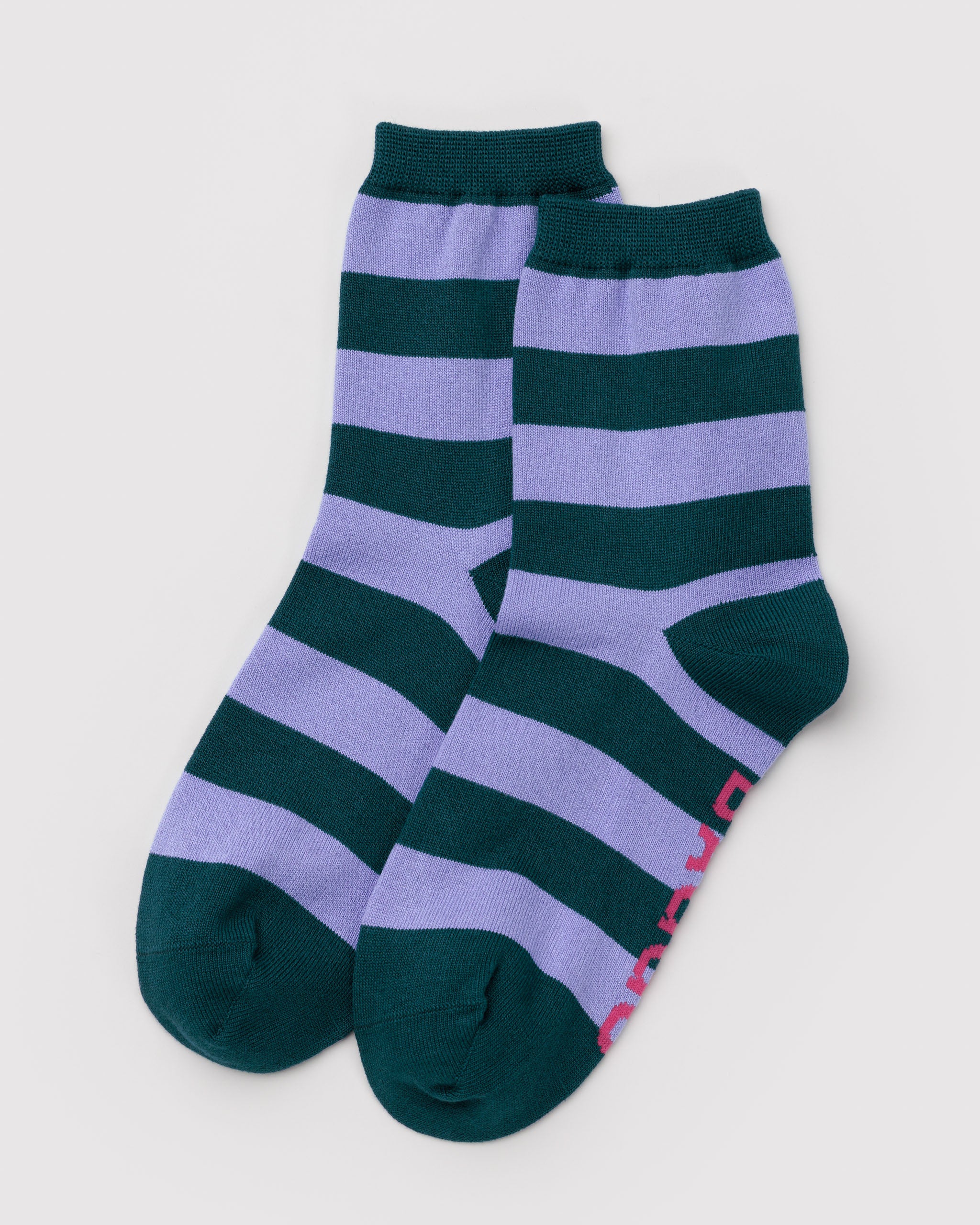 Pair of green and purple striped socks.