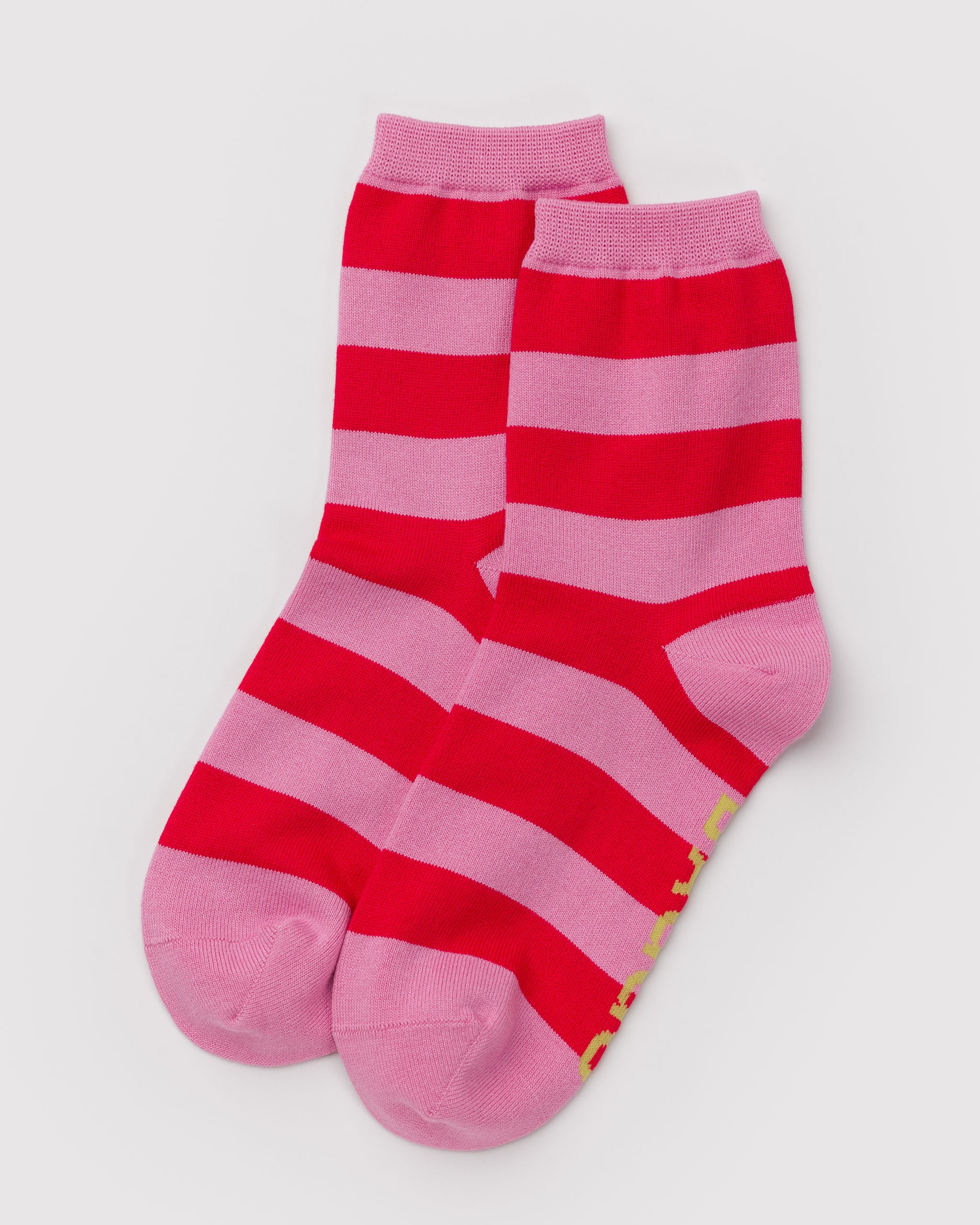 Pair of red and pink striped socks.