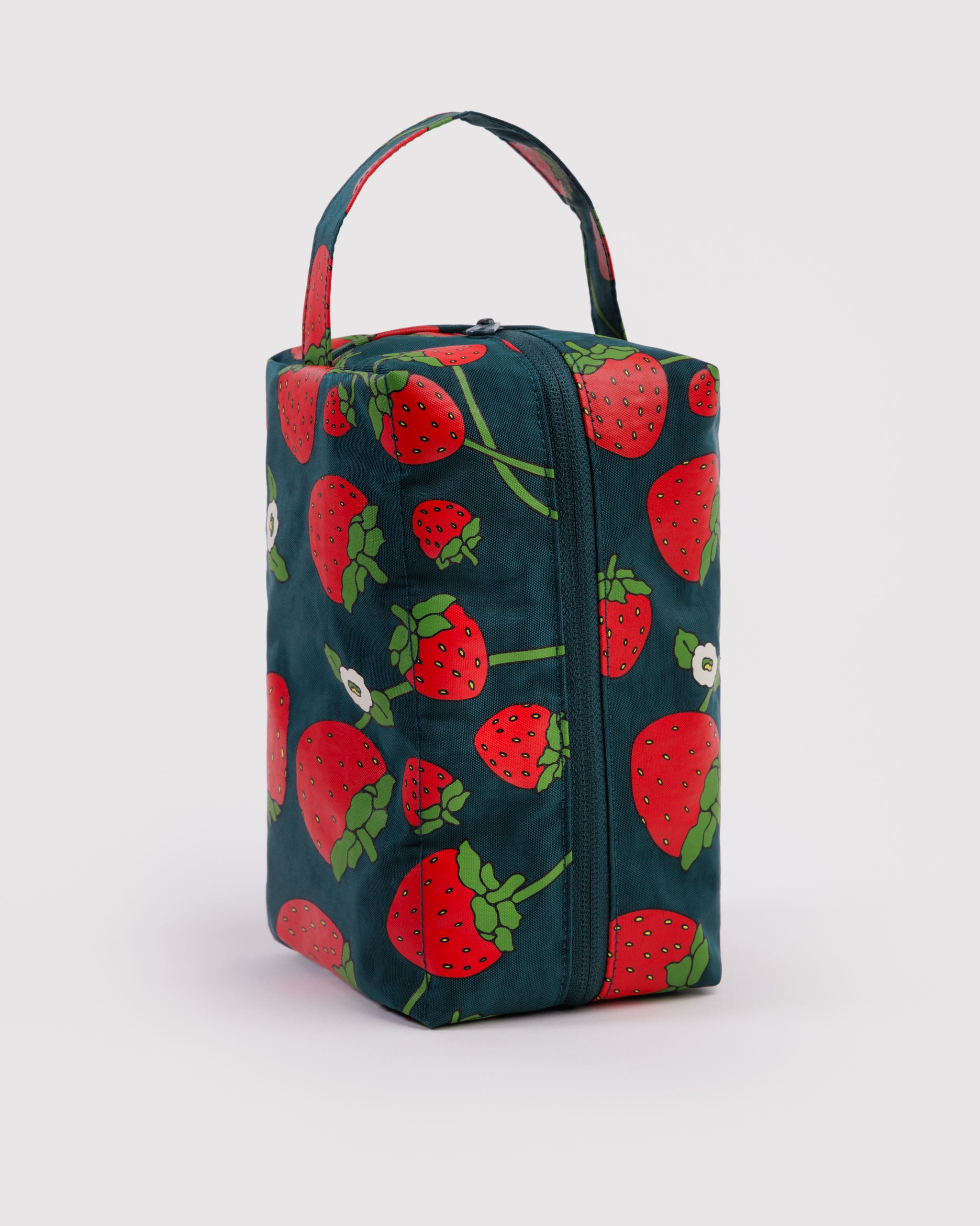 Rectangular pouch with strawberry pattern and a zip top and carry handle or hanging loop.