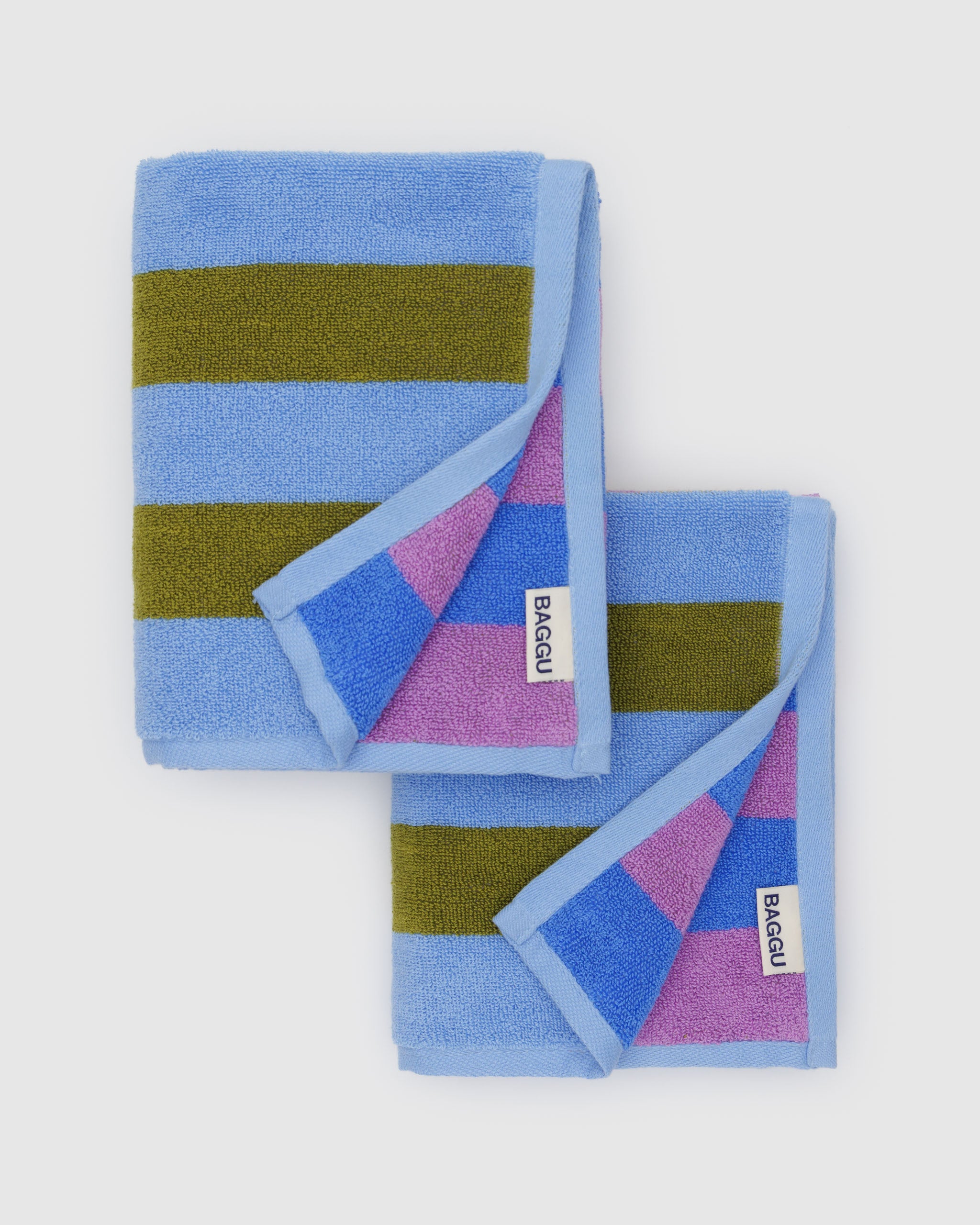baggu-logo-on-striped-hand-towels-folded-colours-pink-blue-green
