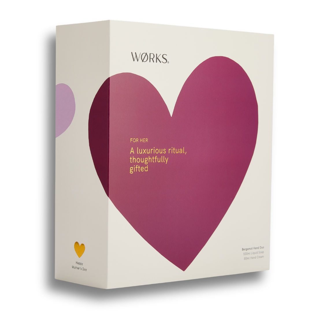 Product packaging with a purple heart design and text.