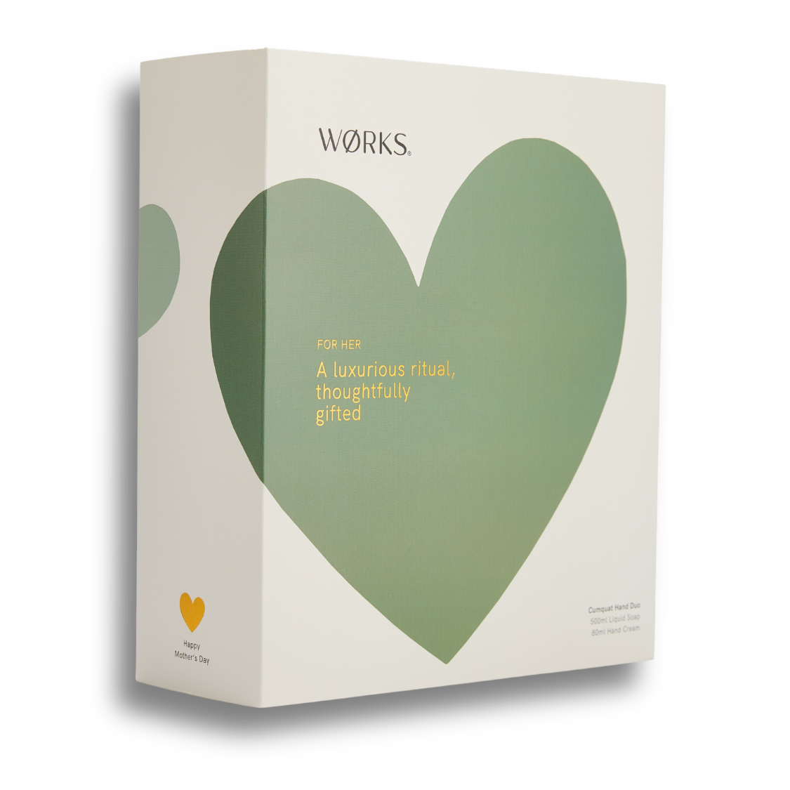 A white sleeve for product packaging with a green heart design and text for Mother's Day.