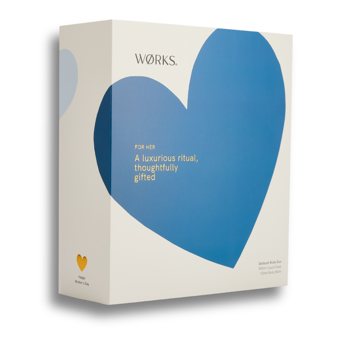 Product packaging with a blue heart design and 'Works' branding.