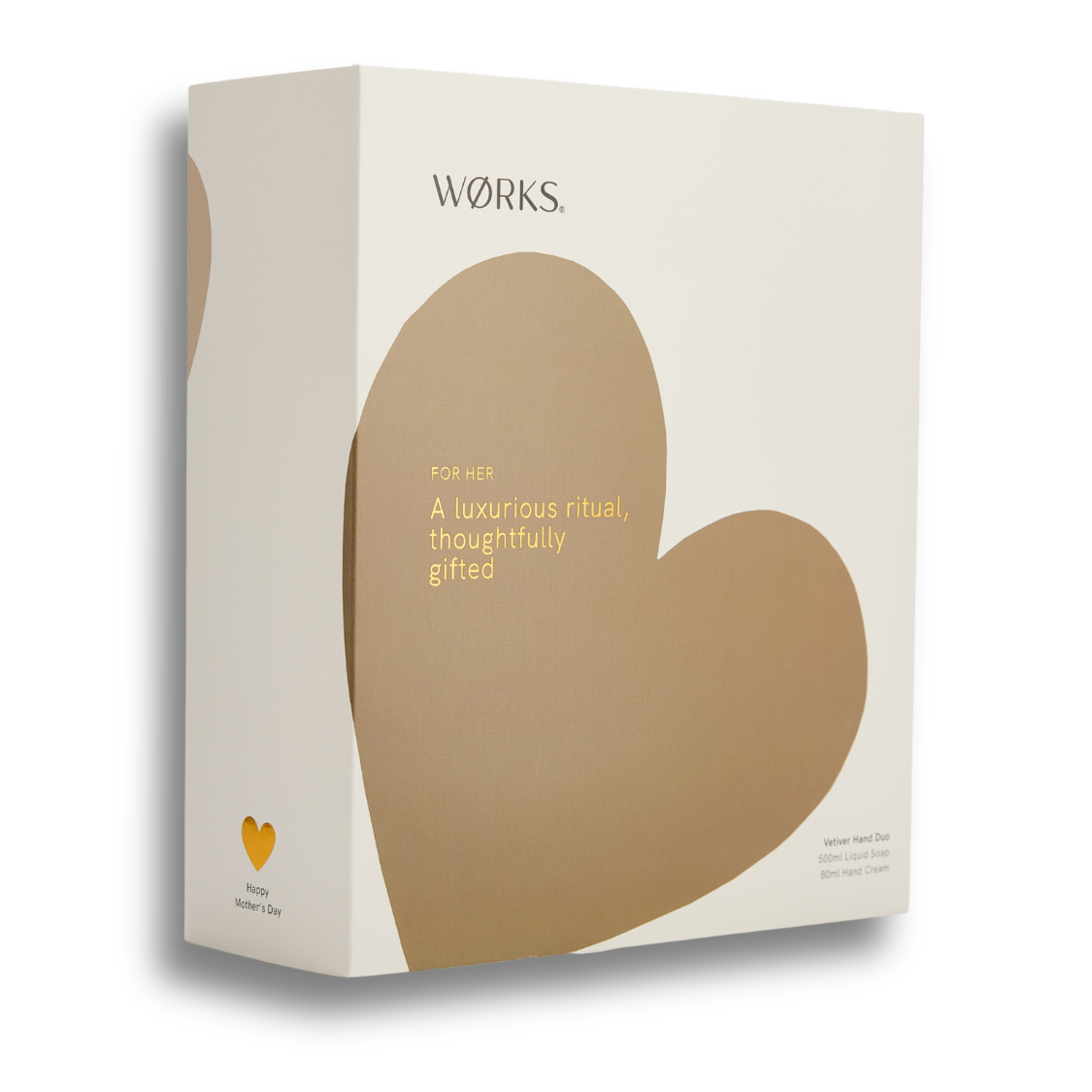White 'Works' brand product packaging sleeve with a heart design and text for Mother's Day.