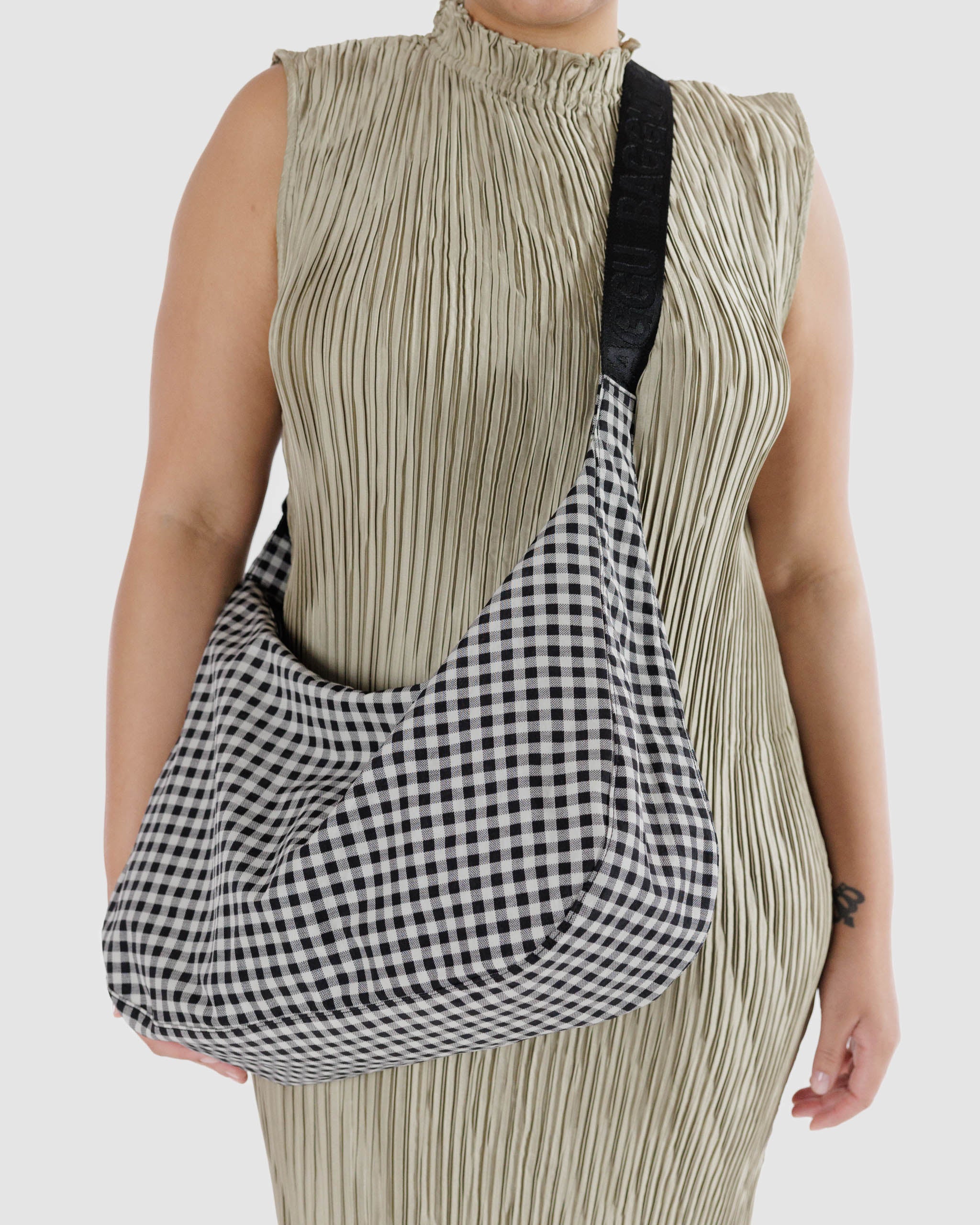 black-and-white-gingham-crescent-shaped-bag