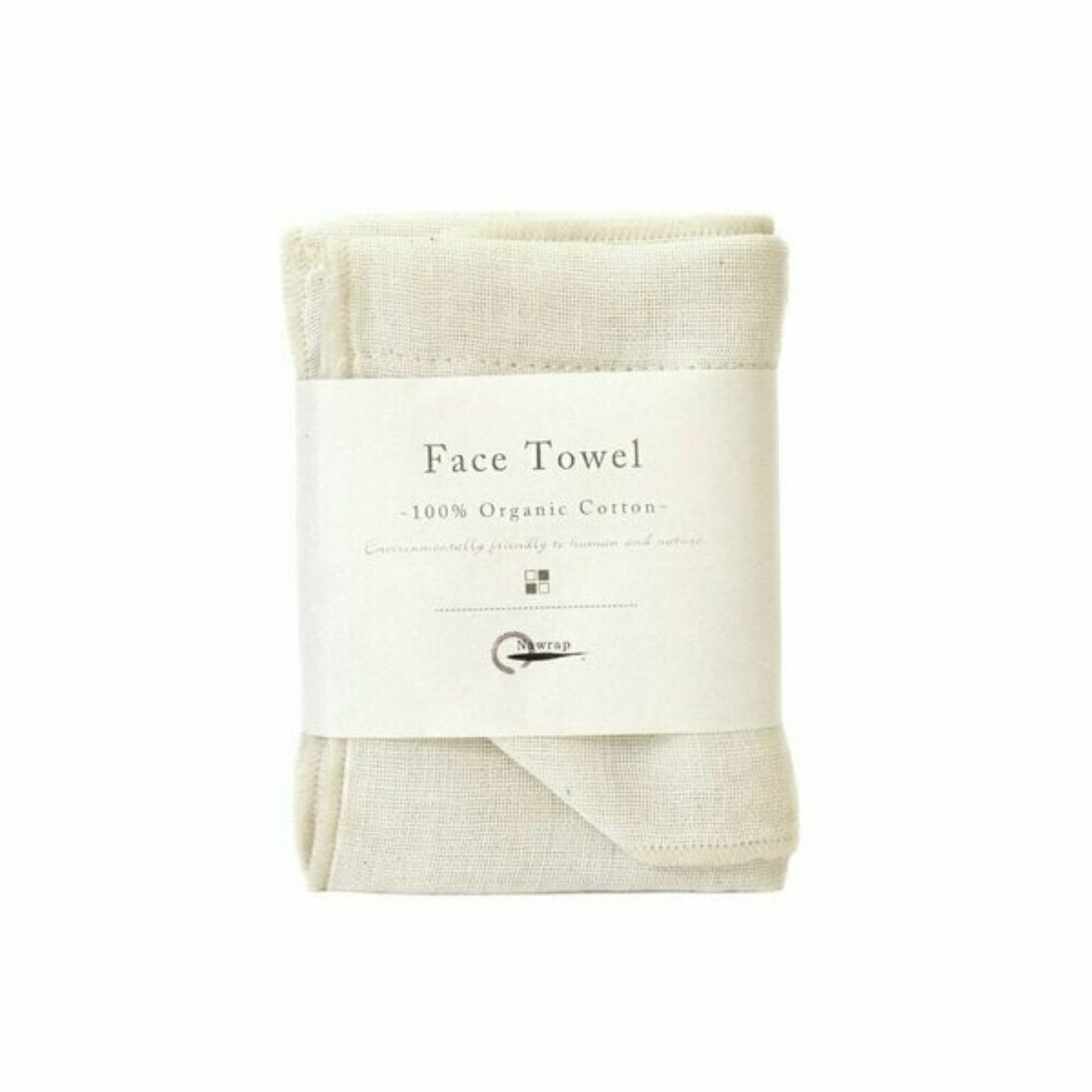 Beige face towel folded with a brand sleeve.