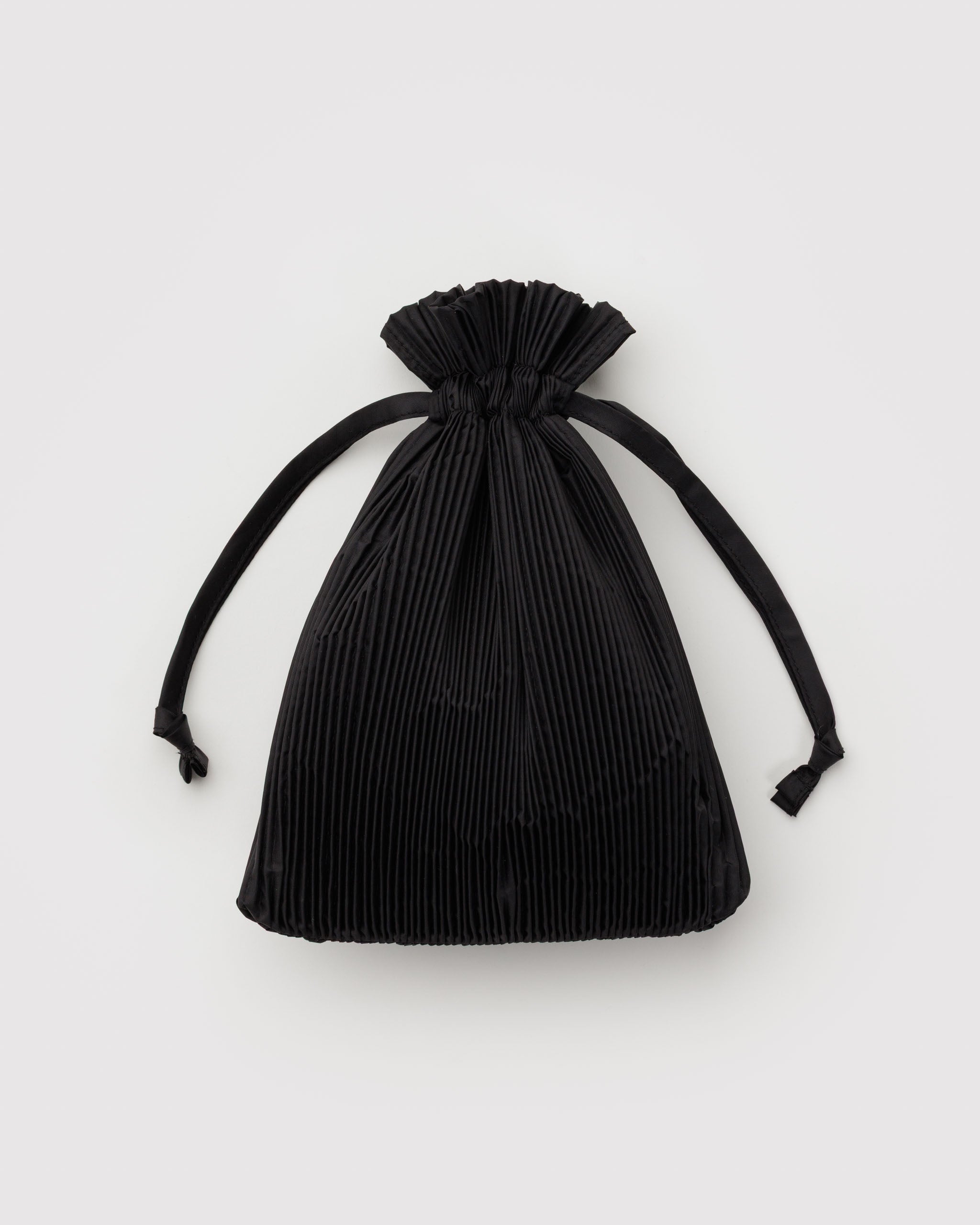 Black pleated drawstring bag on a white background.