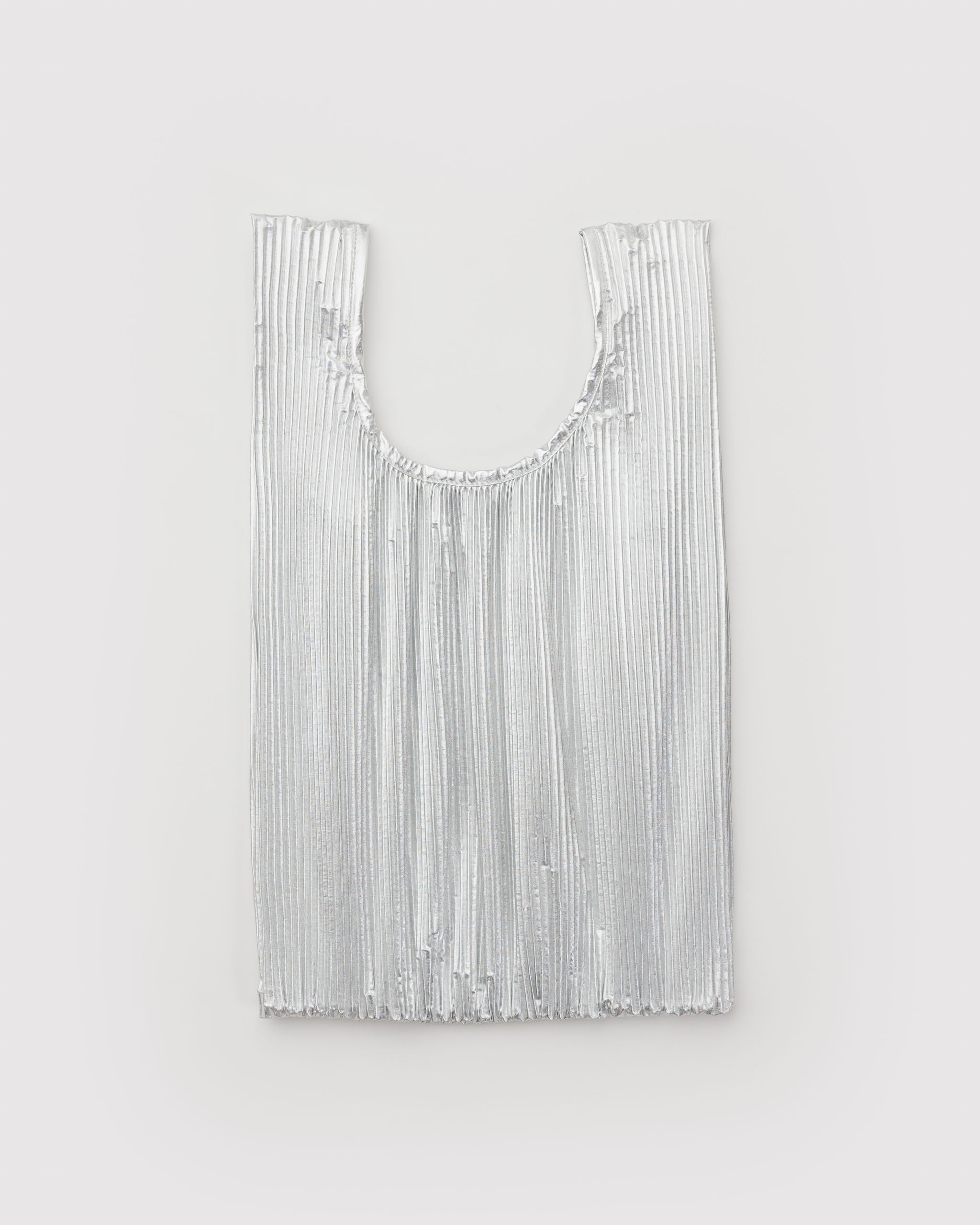 Silver pleated reusable shopping bag.