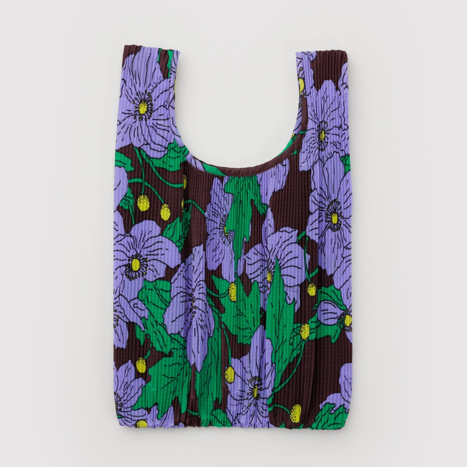 Pleated mini Reusable shopping bag with purple floral poppy pattern.