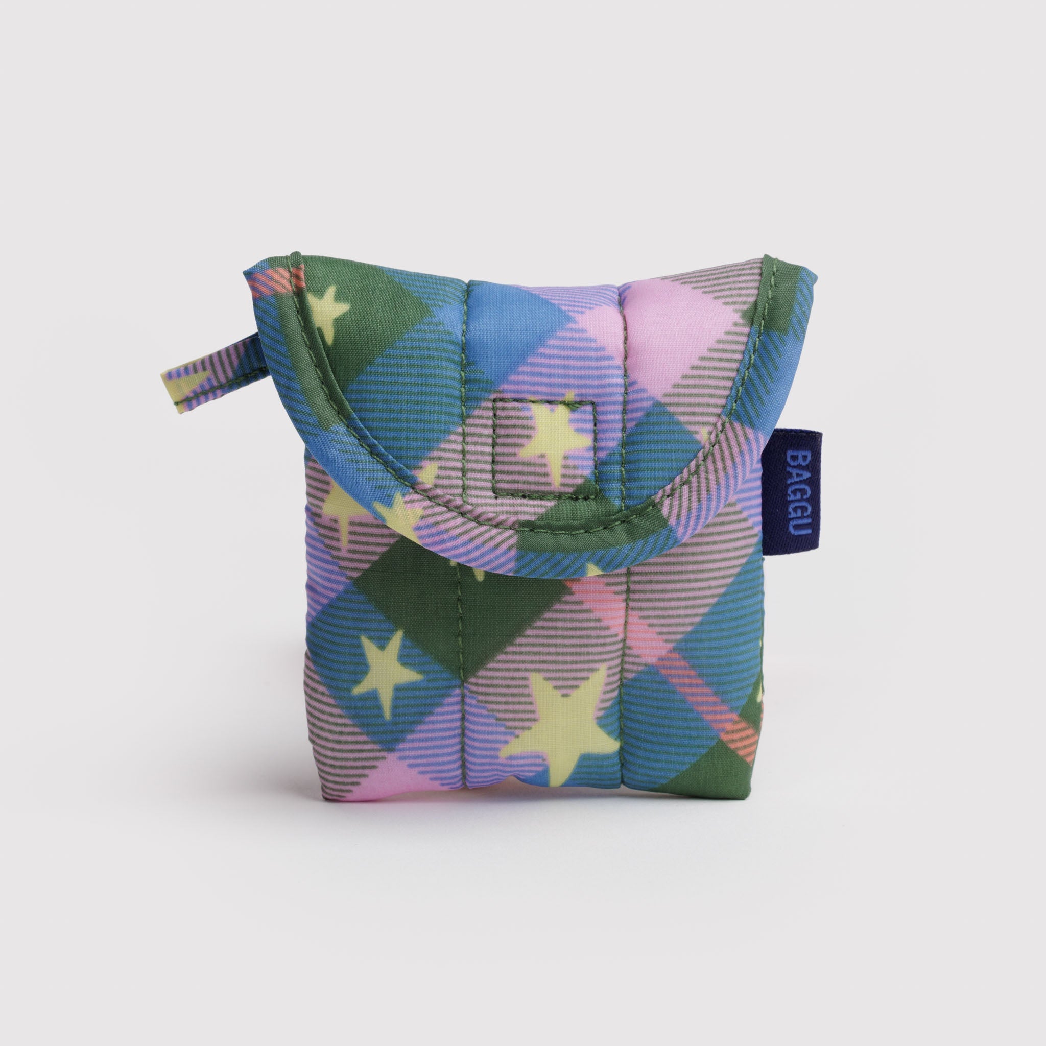 Colourful green plaid geometric patterned pouch with gold stars and a brand label.