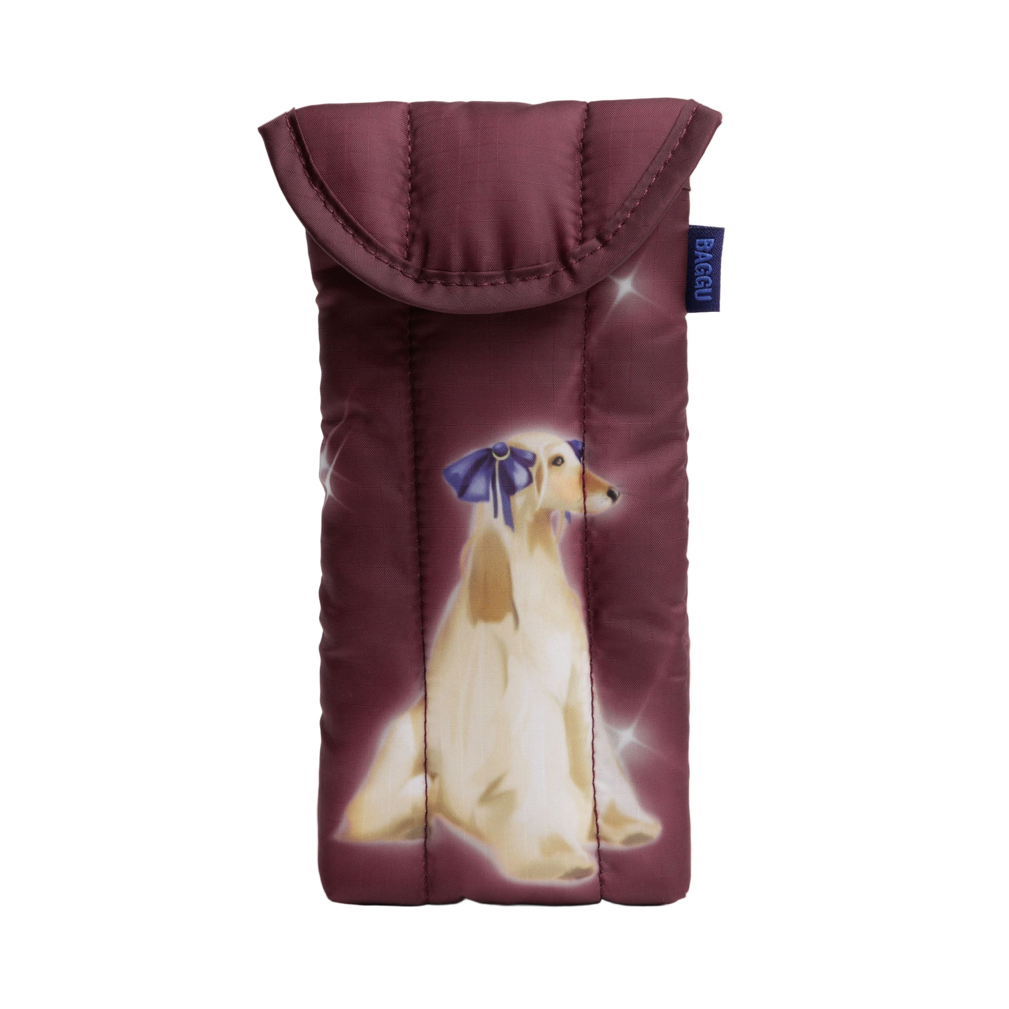 Front of maroon quilted glasses sleeve with a cream fancy dog photo, magnetic flap to open and blue BAGGU label at side.