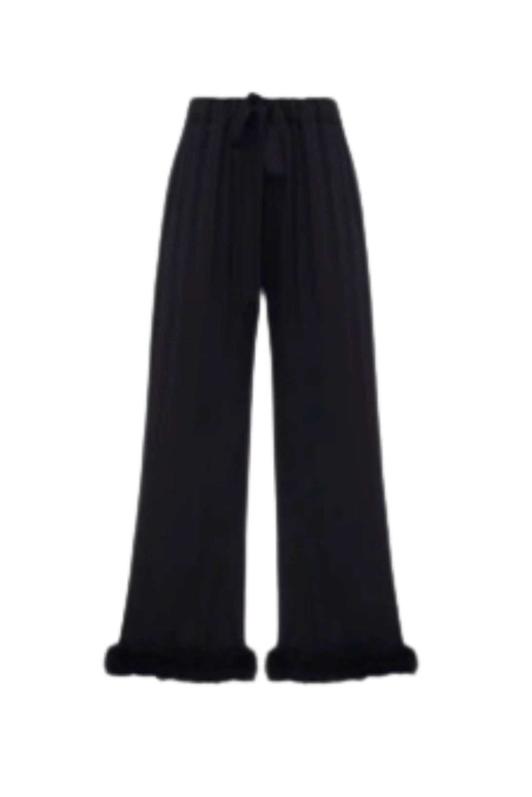 Black pants with black feather trim on cuff and drawstring waist.