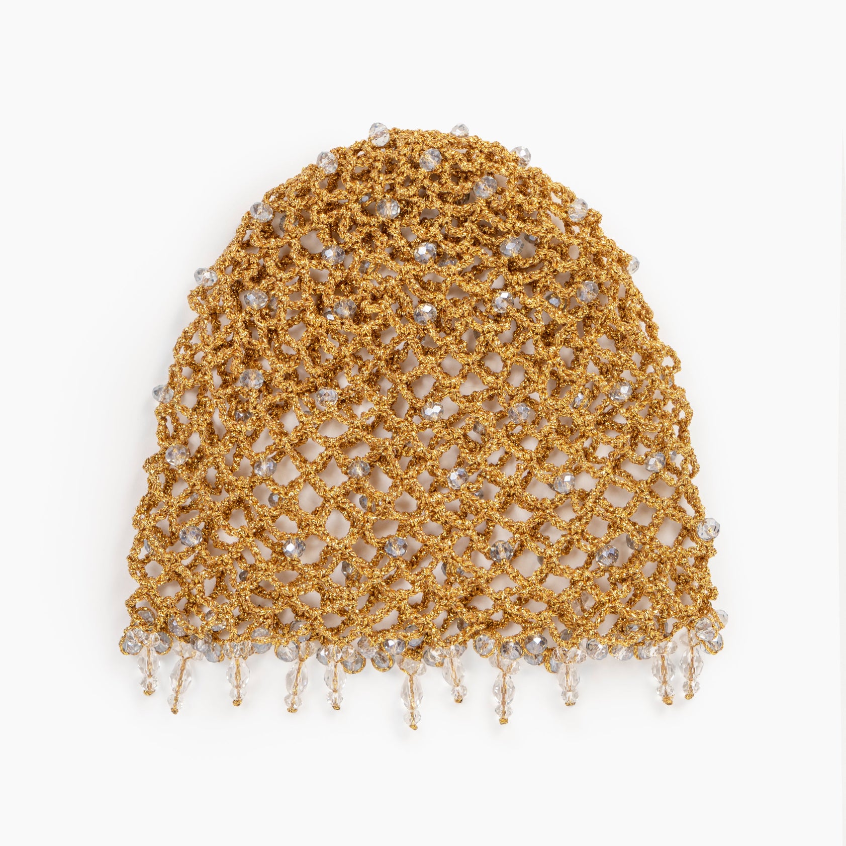 Gold crystal beaded crotchet headpiece.
