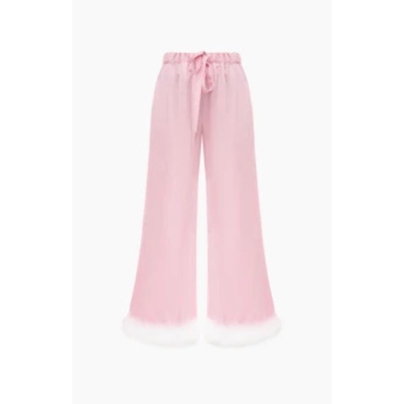 Pink pants with white feather trim on cuff and drawstring waist.