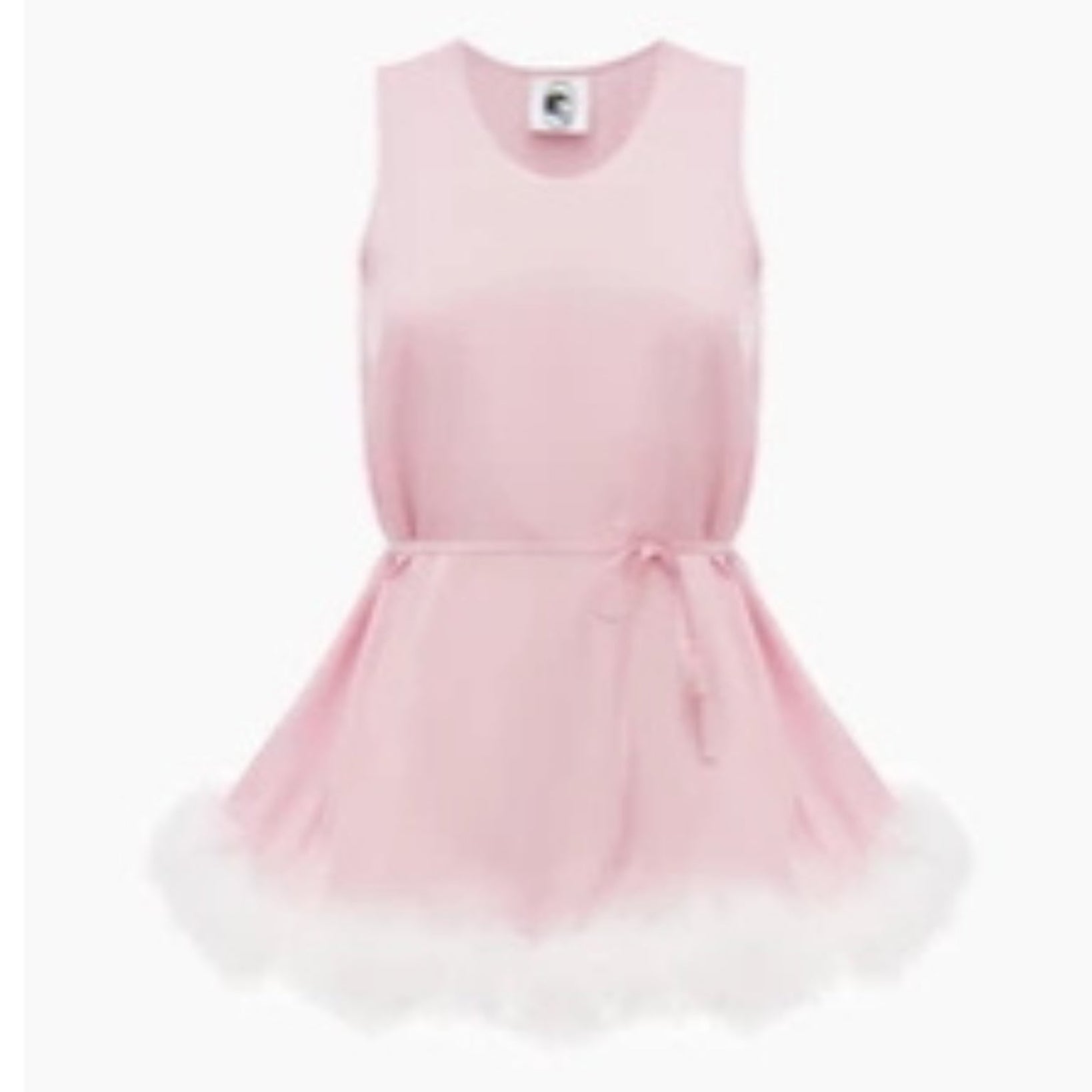 Pink sleeveless blouse with white feather trim and tonal belt.