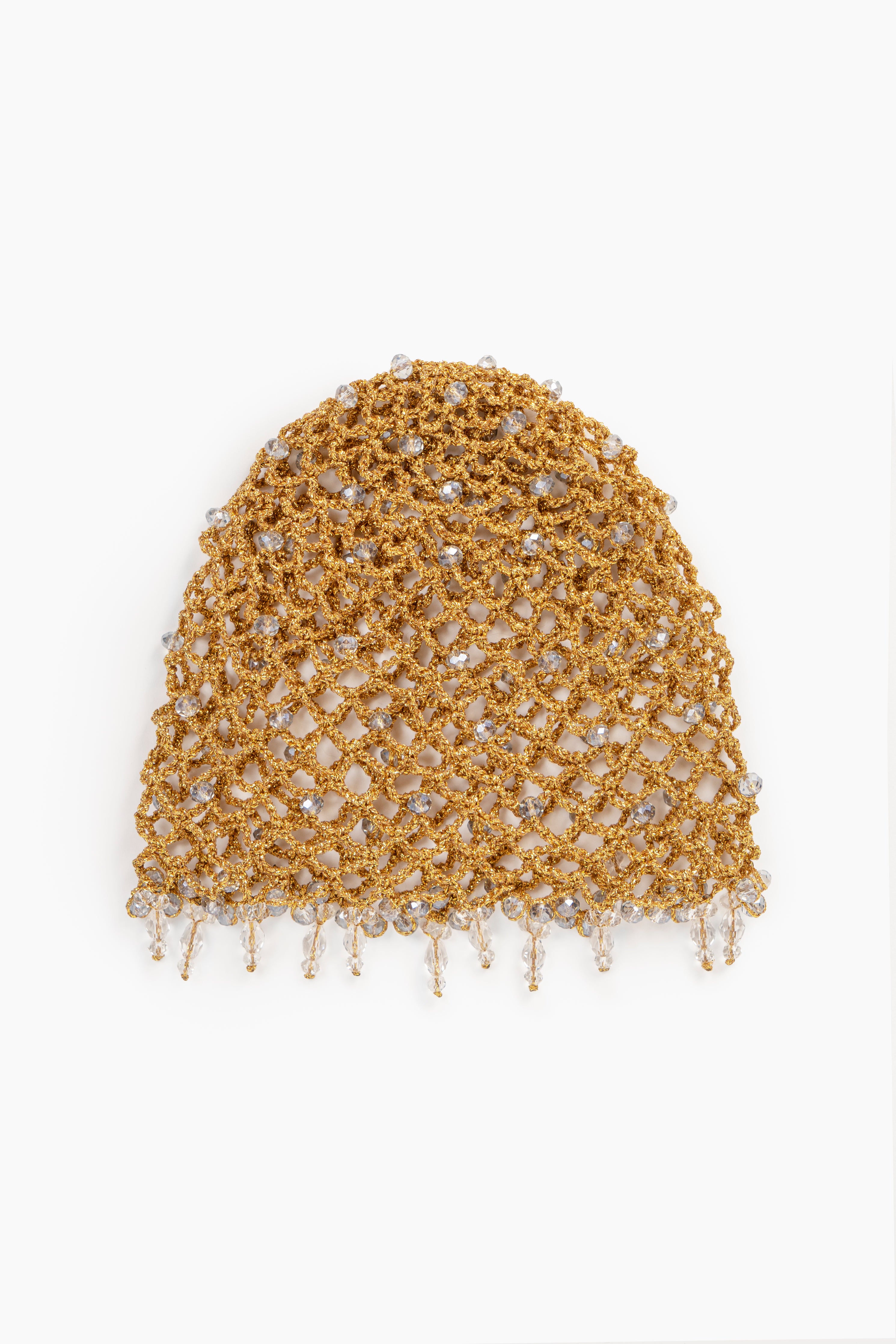 Gold metallic thread crochet hat with glass crystal beads.