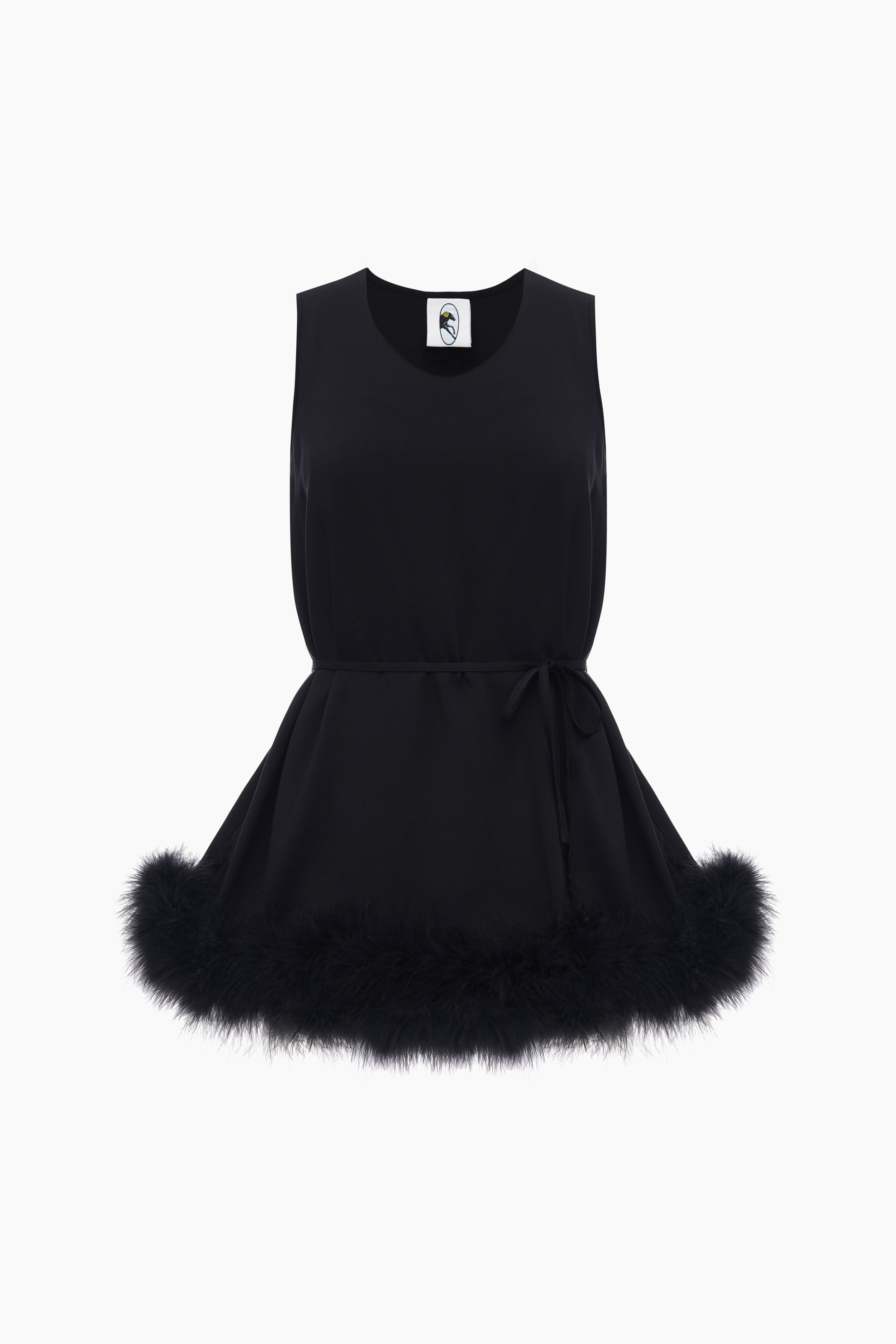 Black sleeveless top with feathered hem.