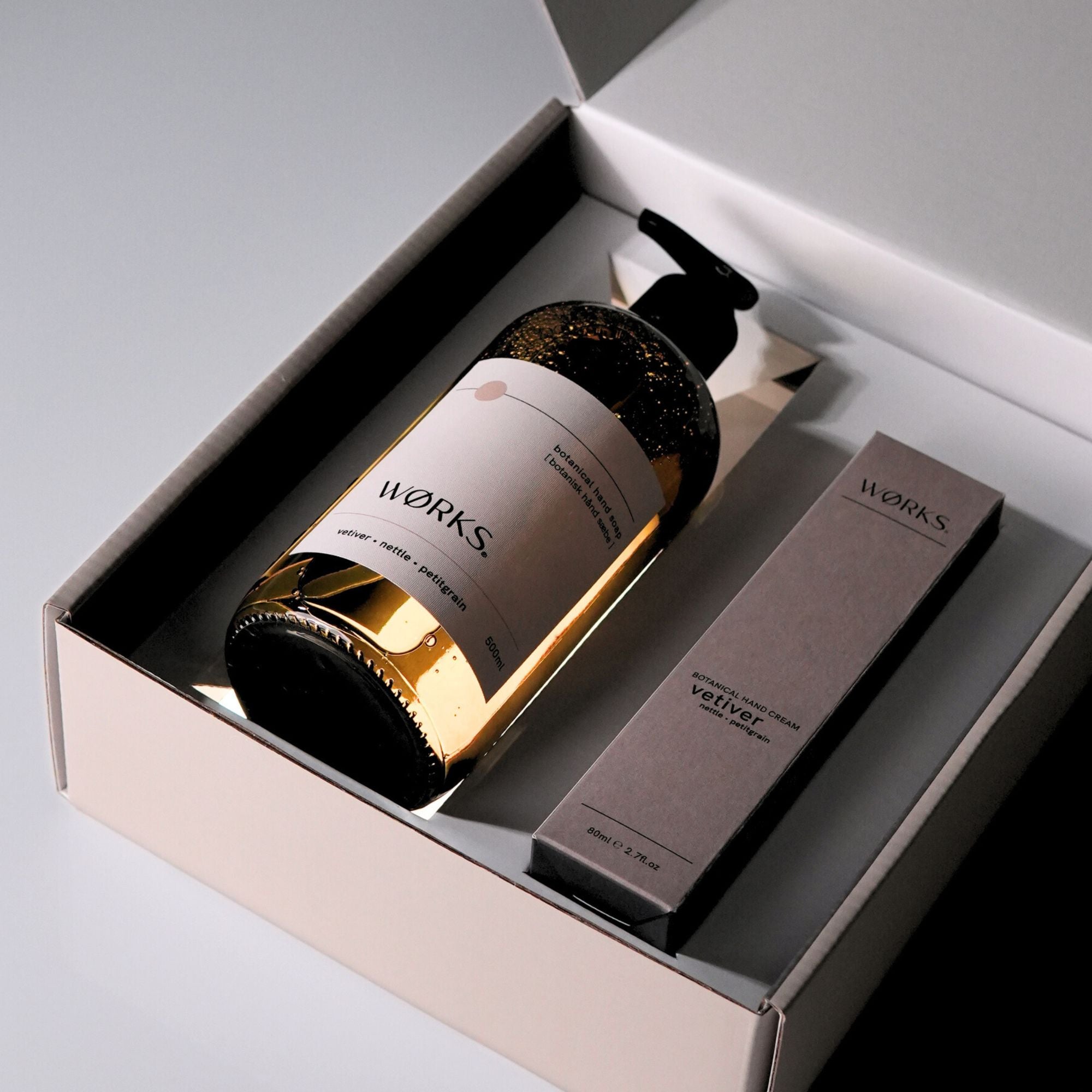A brown glass pump bottle and a box with 'WORKS' branding in a grey gift box.