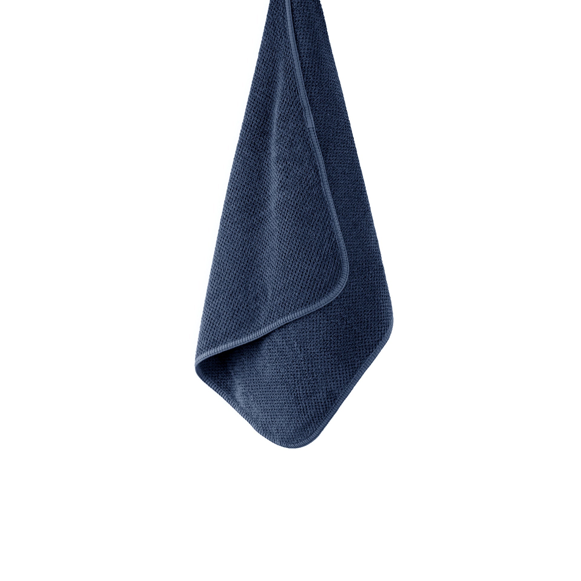 Navy AG Waffle Sports Towel hanging up on loop - ANNIE.G