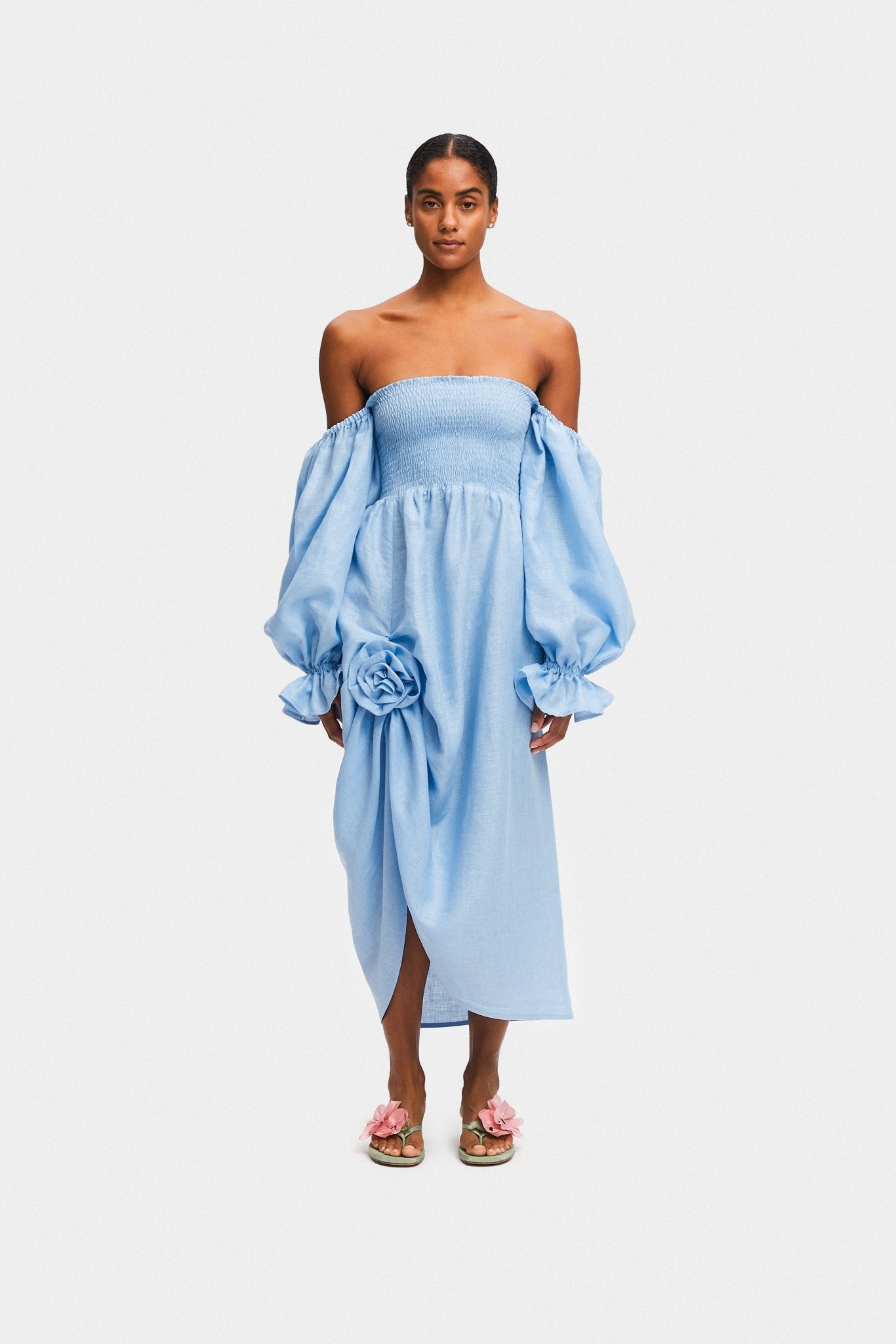 Atlanta Linen Dress with Rose Detail in Blue - ANNIE.G