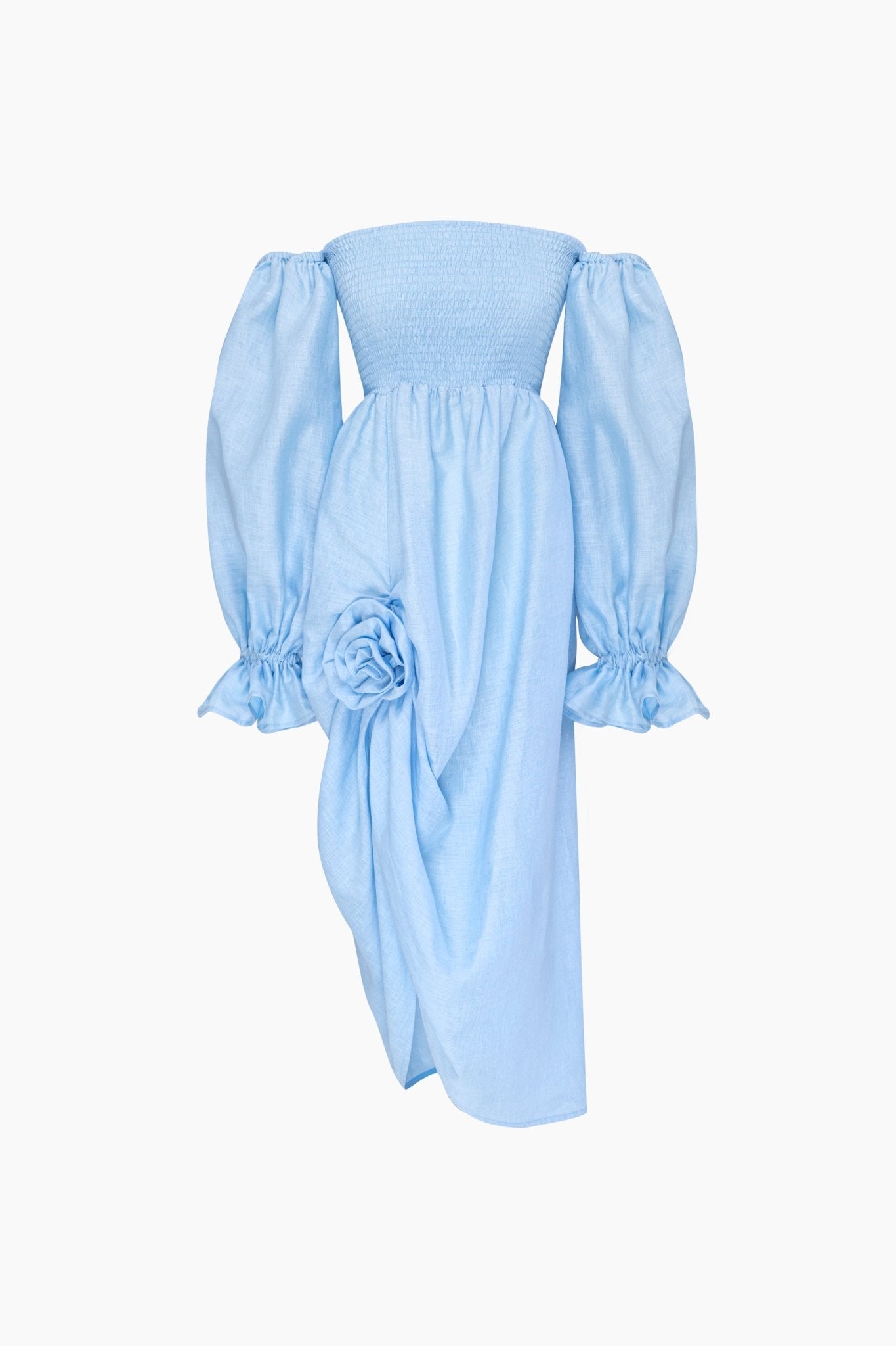 Atlanta Linen Dress with Rose Detail in Blue - ANNIE.G