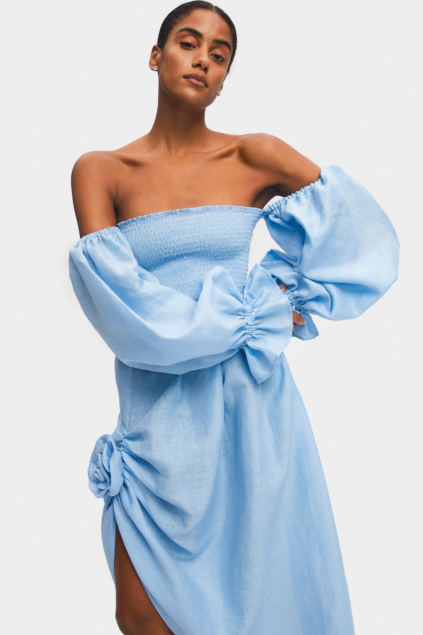 Atlanta Linen Dress with Rose Detail in Blue - ANNIE.G