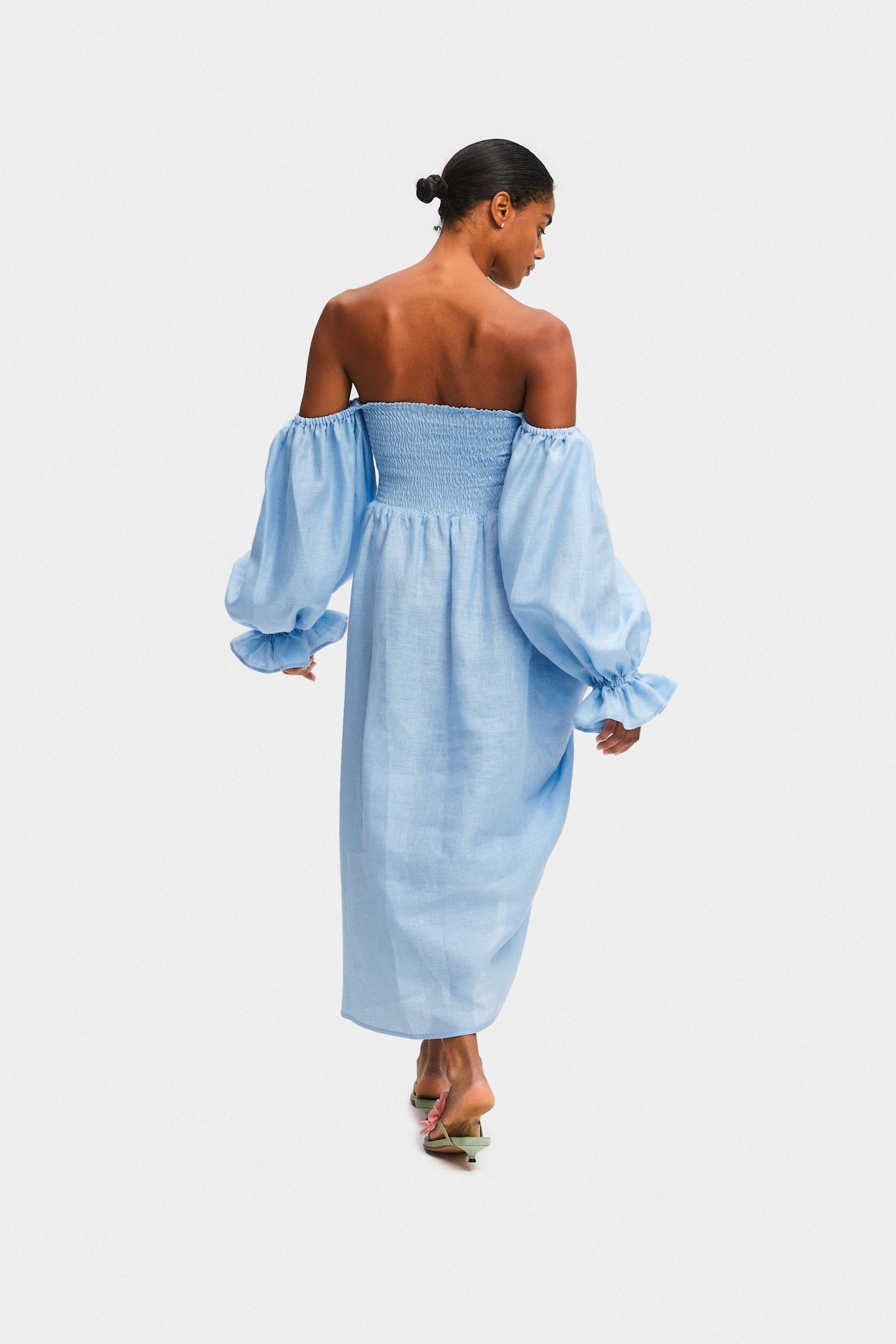 Atlanta Linen Dress with Rose Detail in Blue - ANNIE.G