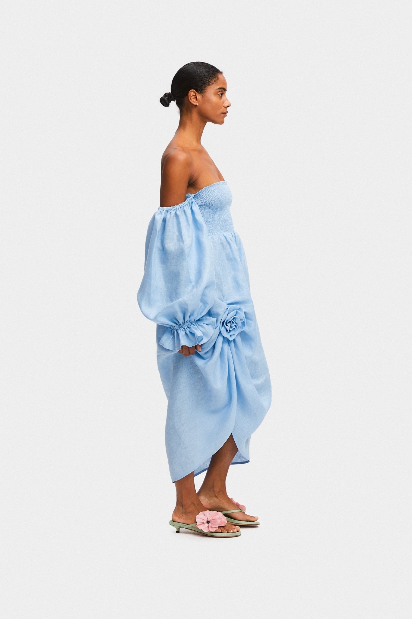 Atlanta Linen Dress with Rose Detail in Blue - ANNIE.G
