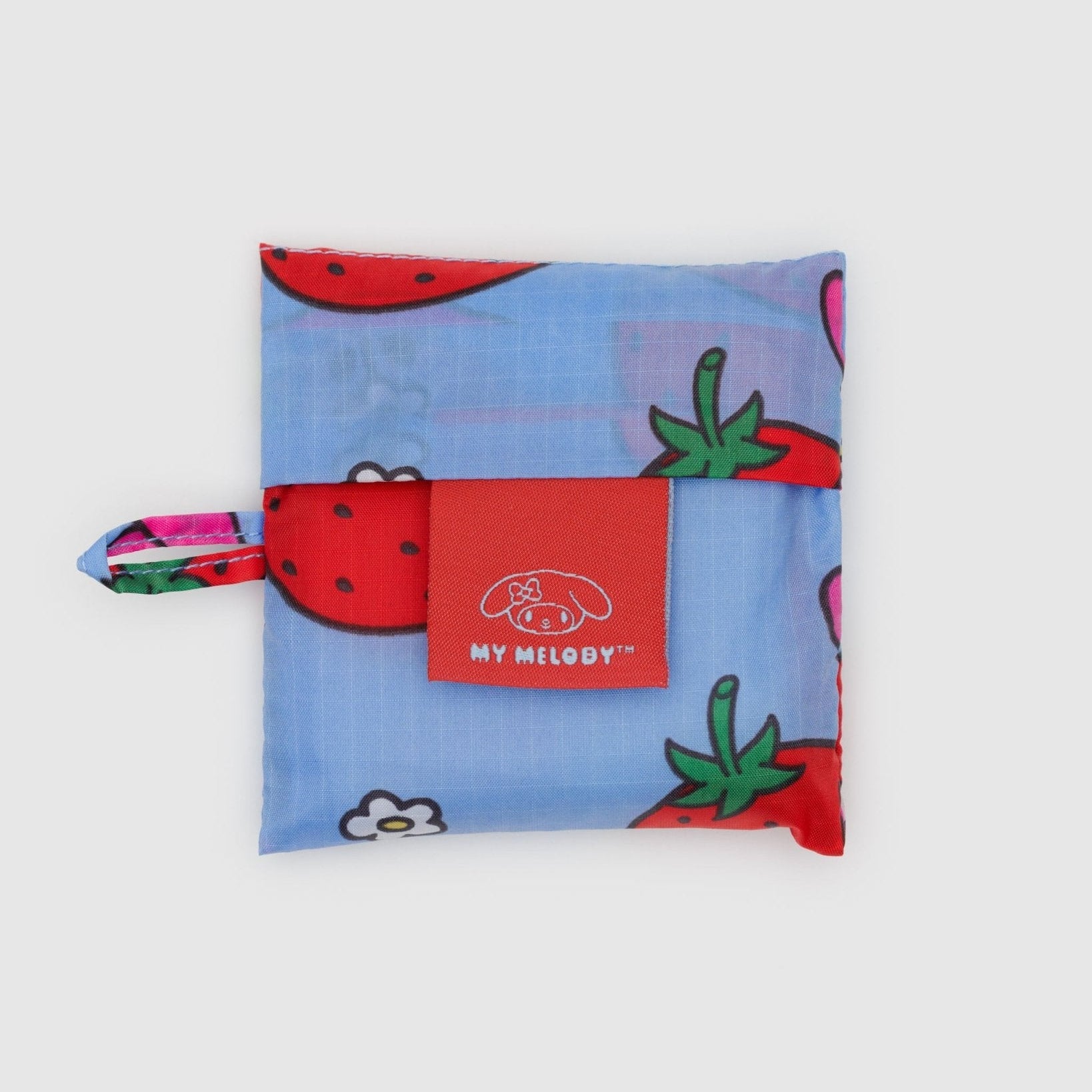 Foldable shopping bag pouch with strawberry pattern and 'MY MELODY' tag with loop at side
