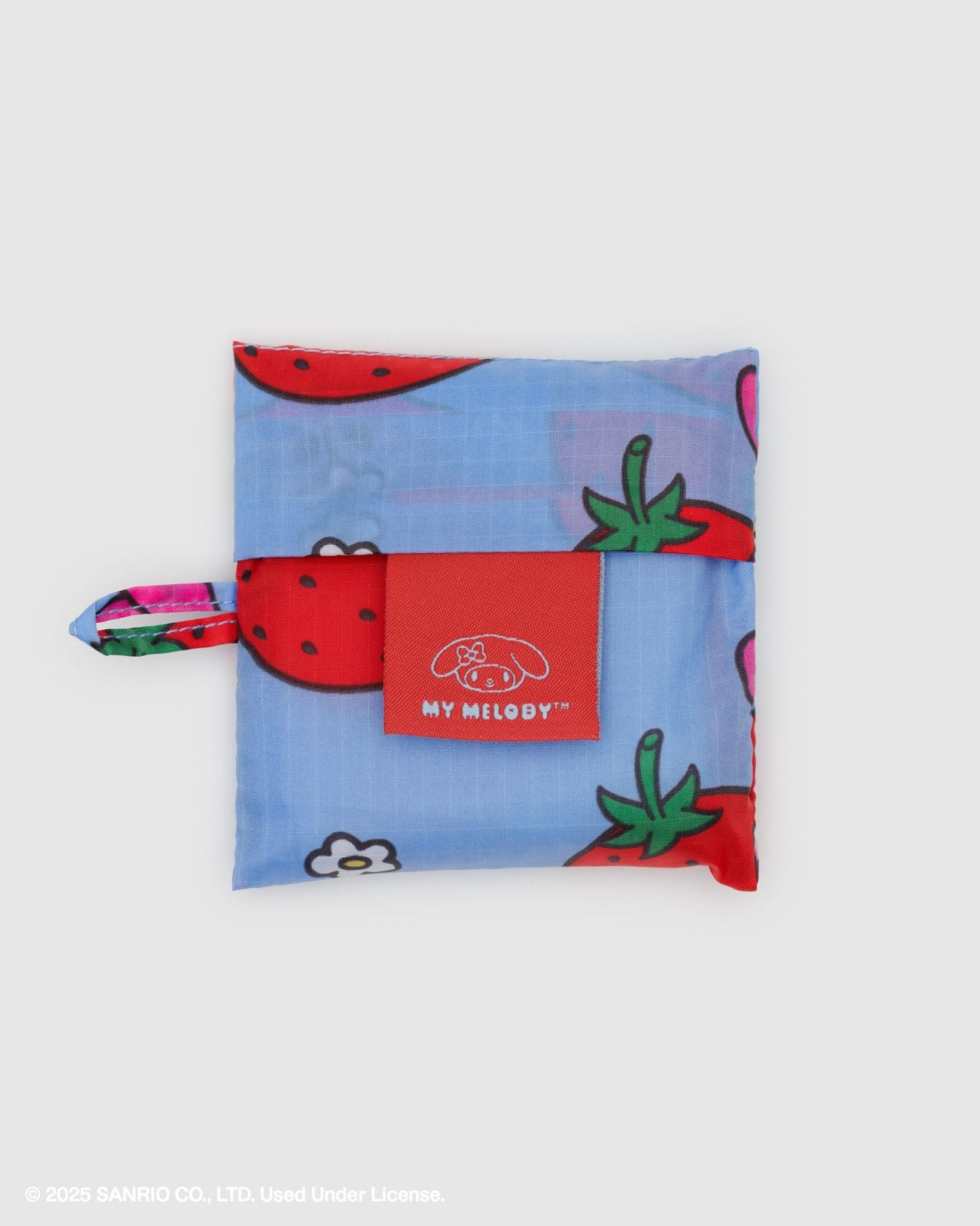 Foldable shopping bag pouch with strawberry pattern and 'MY MELODY' tag with loop at side