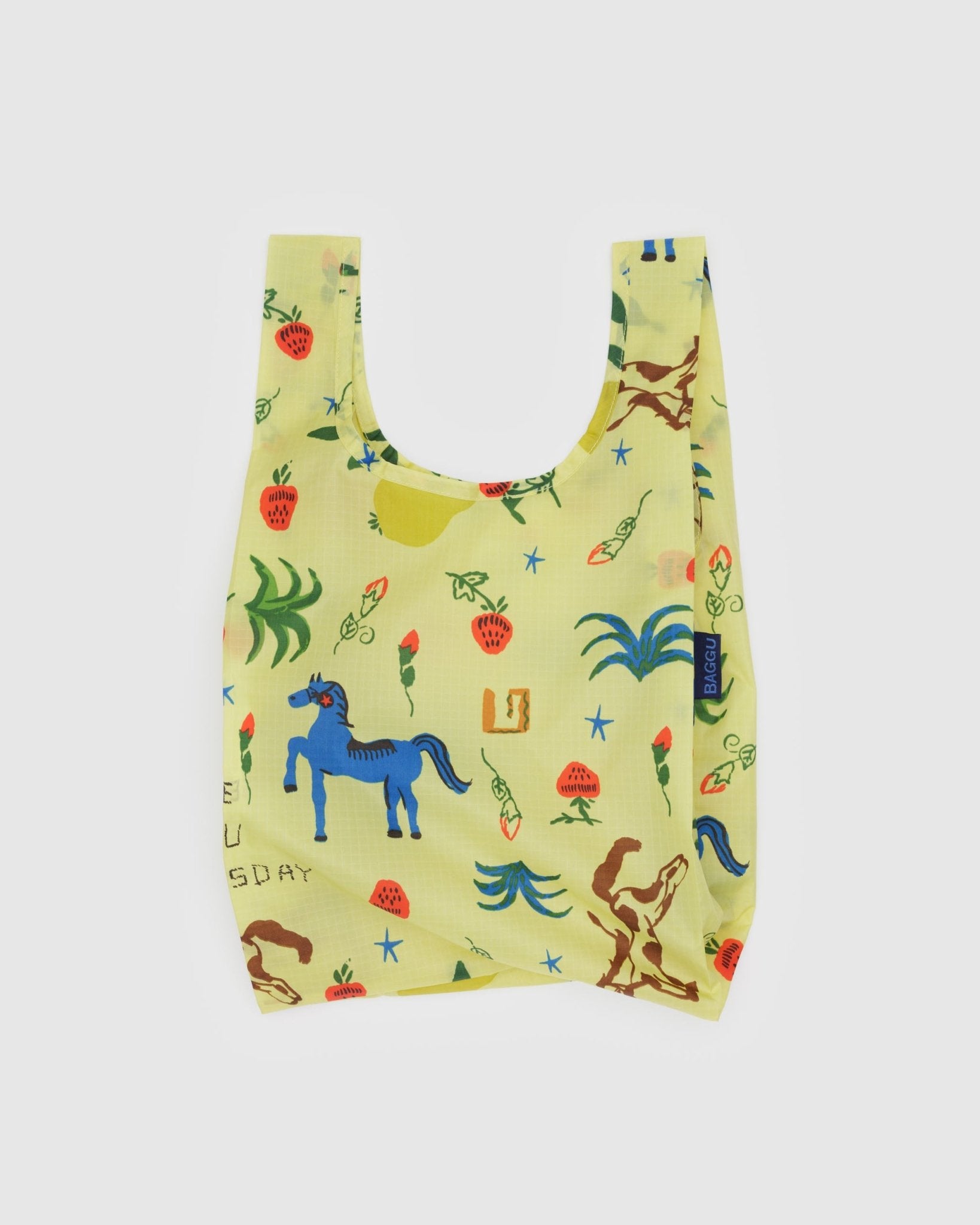 Reusable bag with colourful horse and plant pattern on a light yellow background