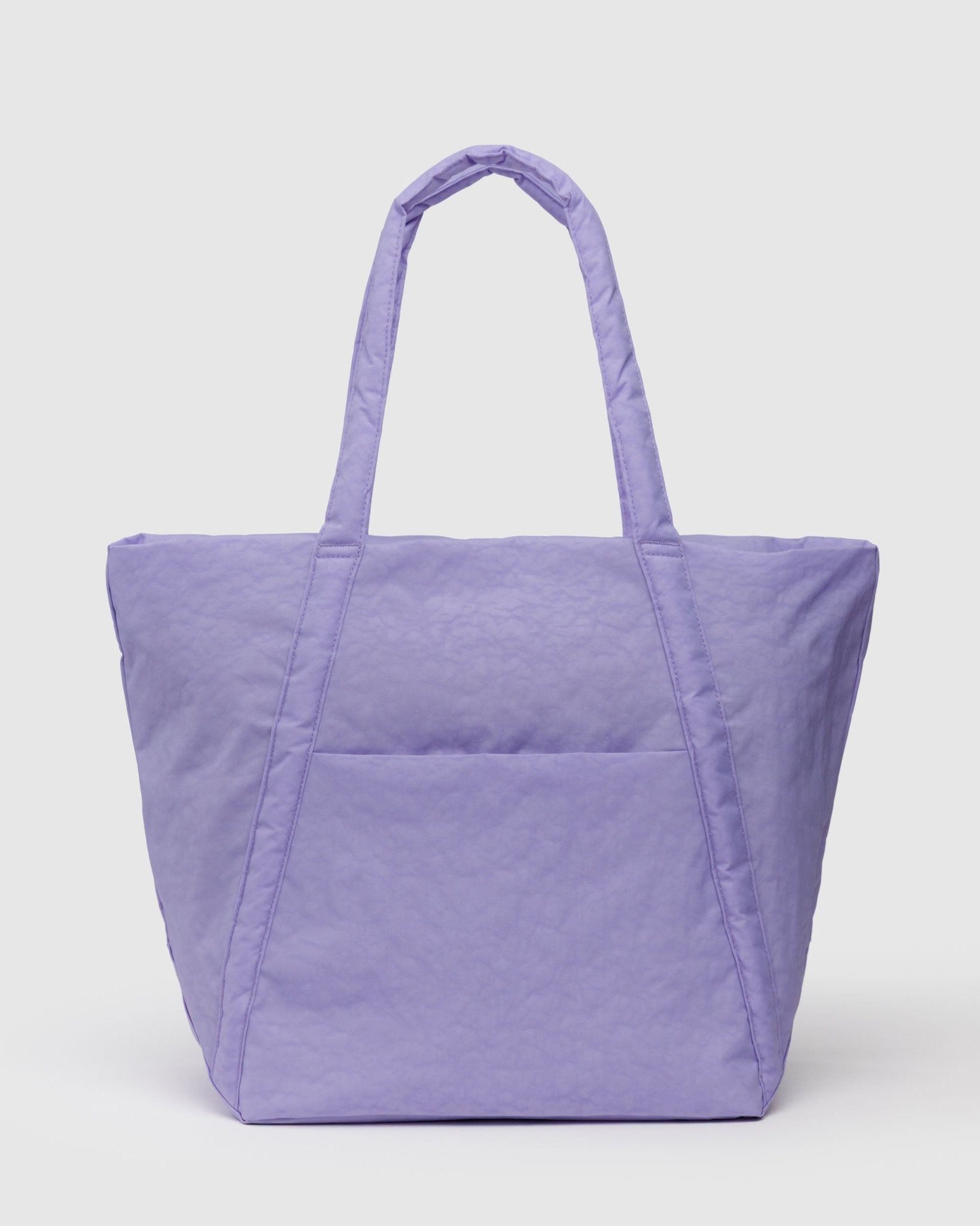 Purple tote bag with carry handles, an outside pocket and zip top