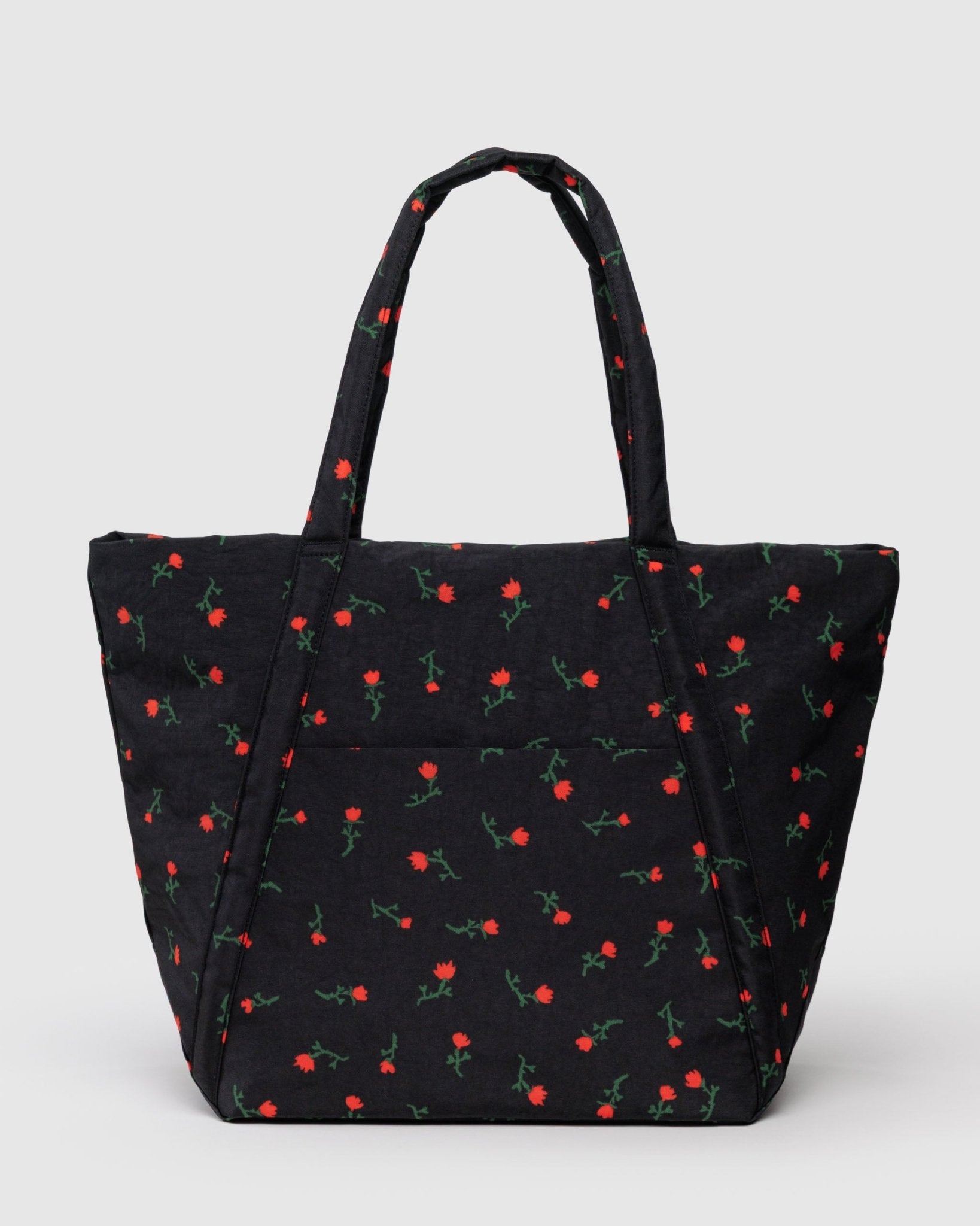 Black tote bag with red wildflower pattern