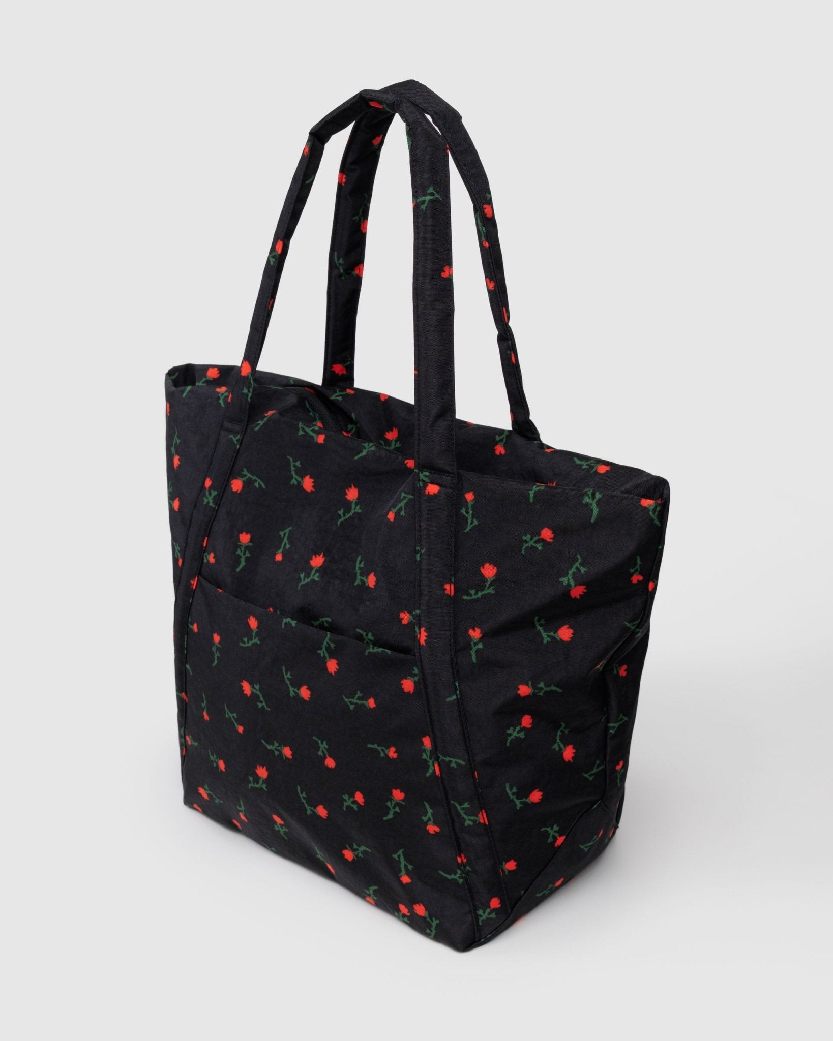 Black tote bag with red floral pattern