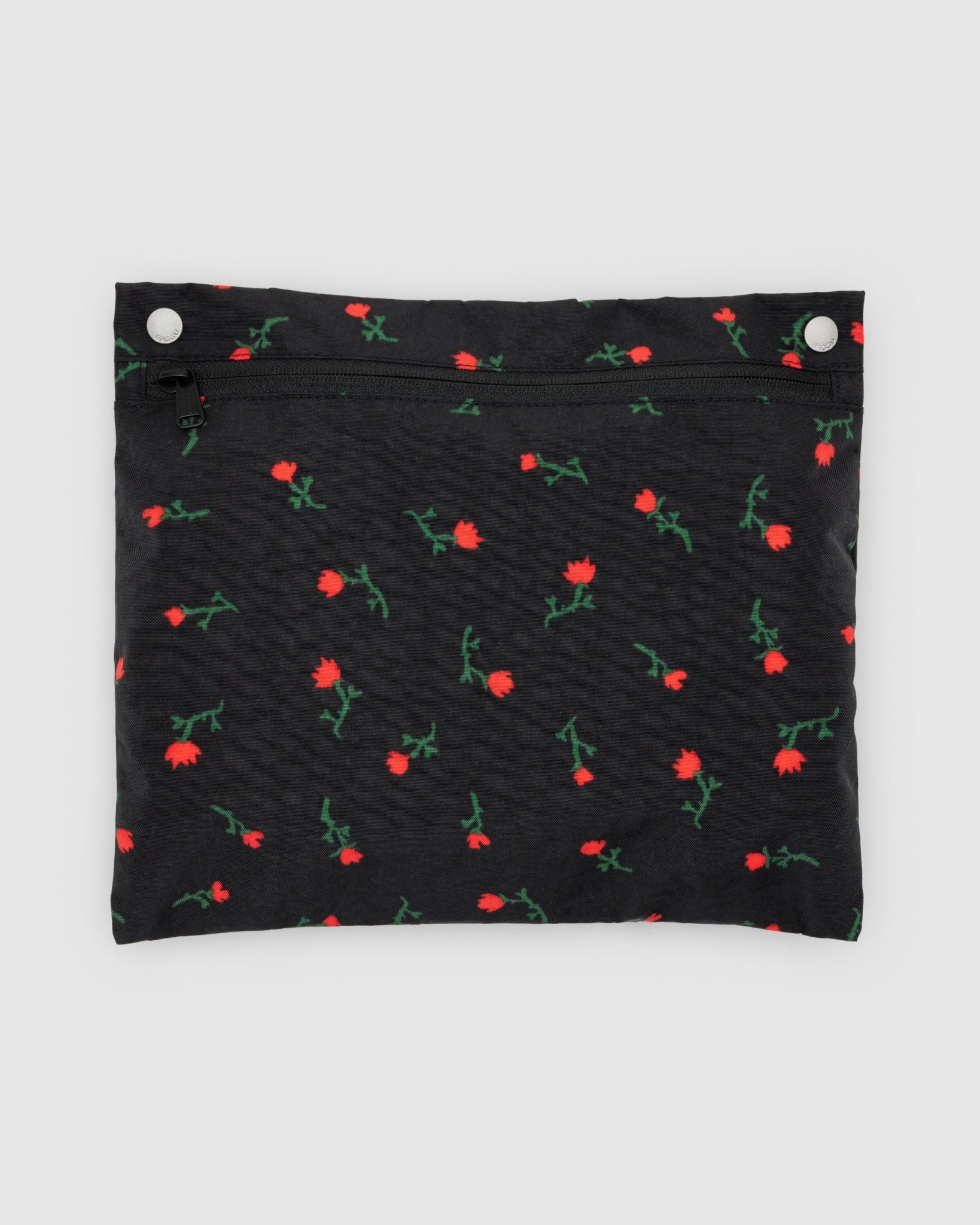 Cloud carry on black storage pouch with red wildflowers pattern and two silver clips closure