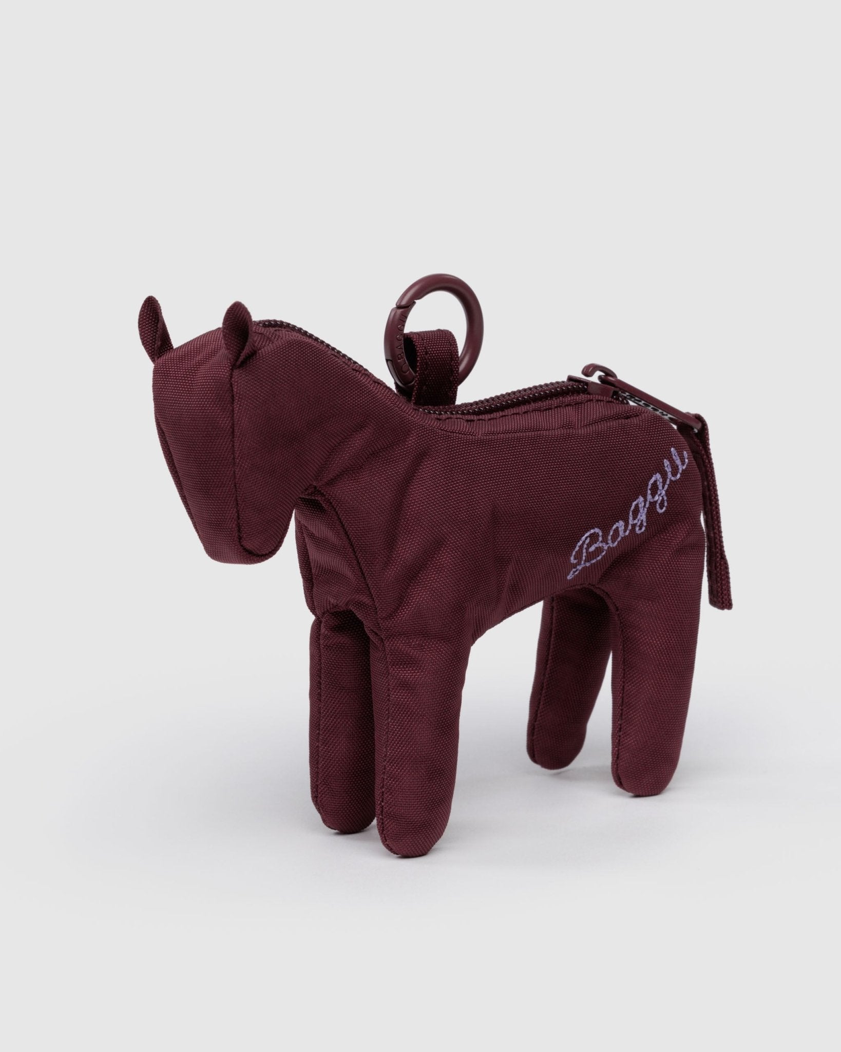 Baggu embroidered branded on side of mahogany Horse charm standing on legs with metal clip on loop on back