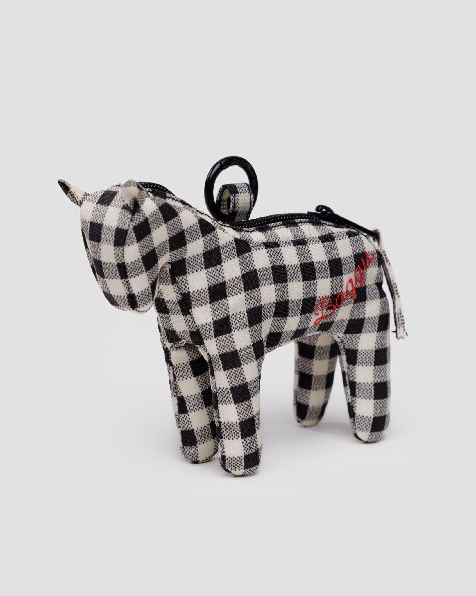 Horse charm in Black and White Gingham print standing on legs with BAGGU embroidered branding, zip top and metal clip