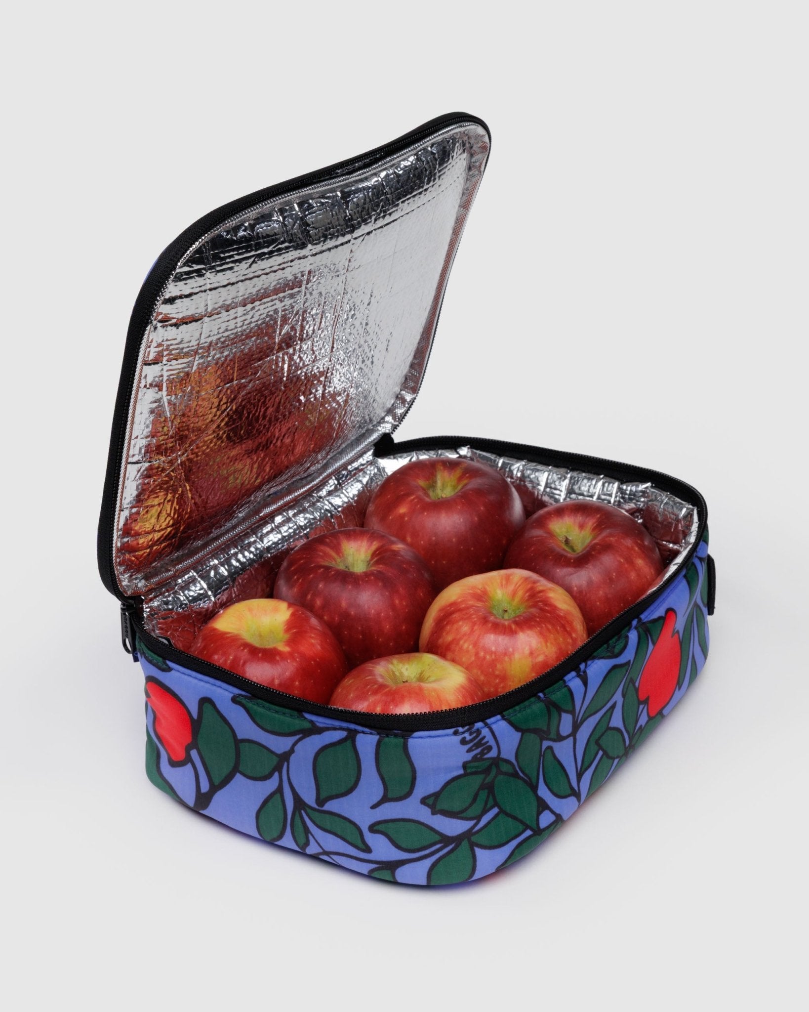 Insulated lunch box with zippered lid open and apples inside