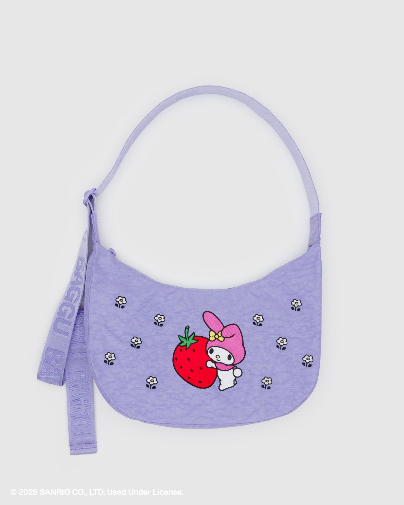 Purple crescent bag with embroidered front of white rabbit wearing a pink hood with yellow bow holding a strawberry and with small white flowers, adjustable tonal 'BAGGU' branded strap and zip top
