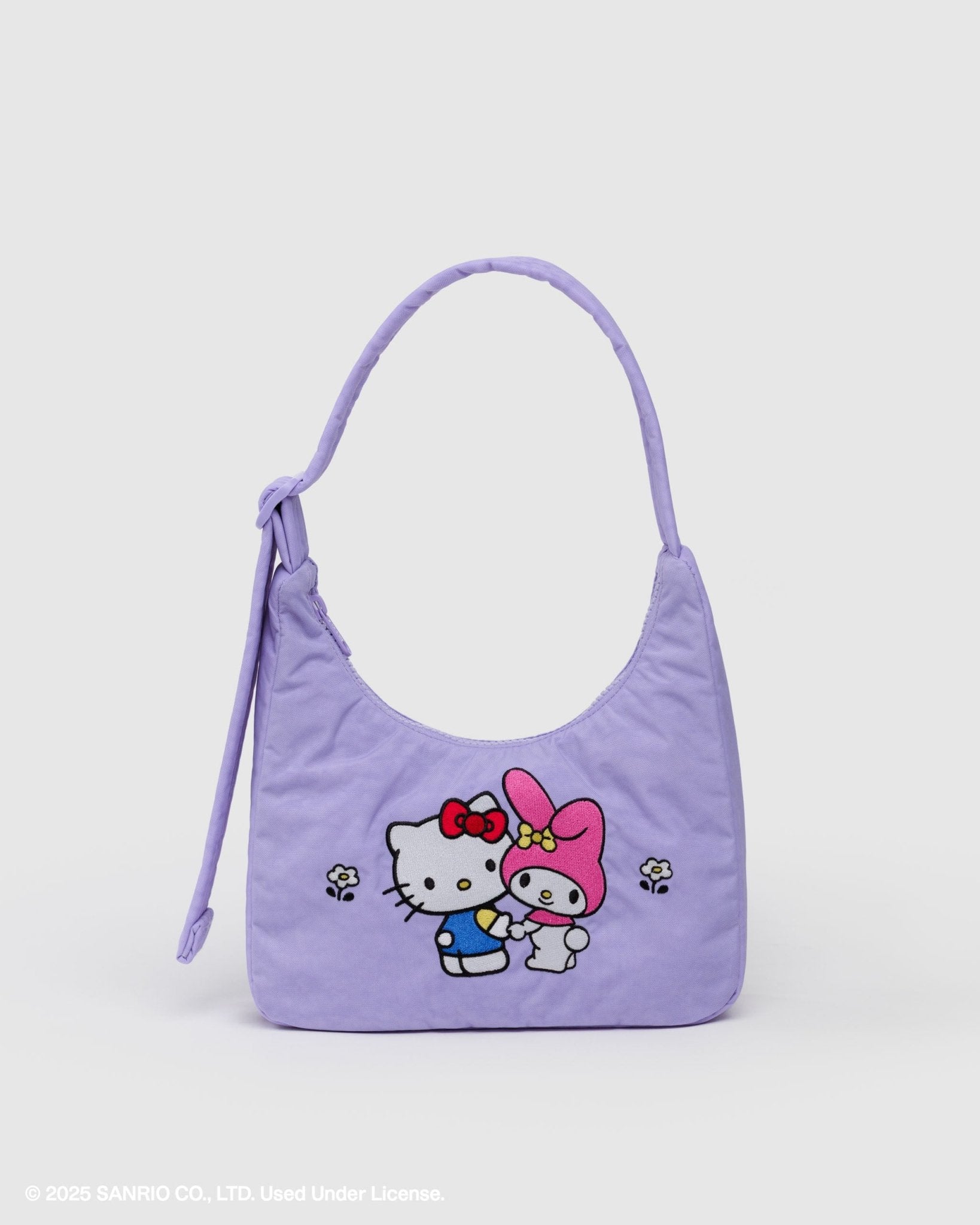 Purple, mini bag with two embroidered cartoon characters a white cat with red bow and a white rabbit with pink hood with a tonal adjustable shoulder strap